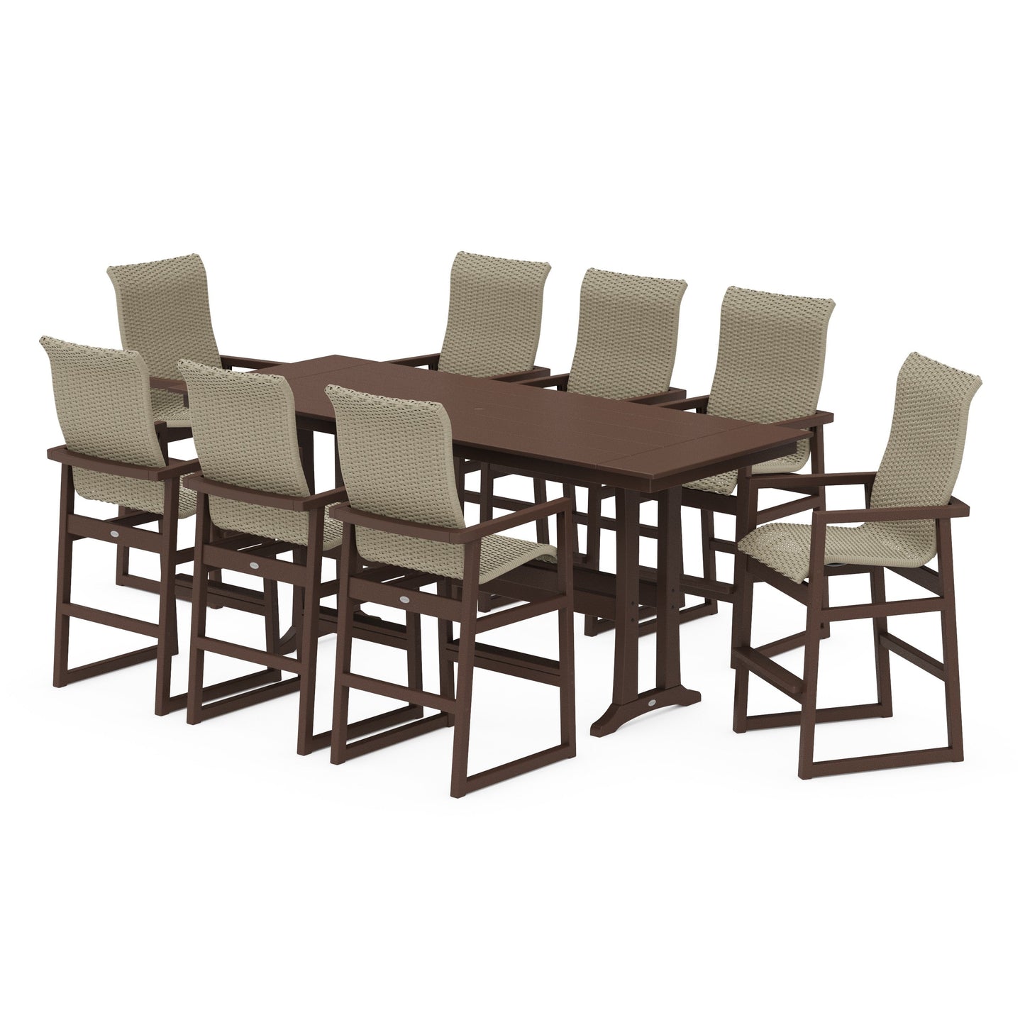 POLYWOOD EDGE Woven Highback 9-Piece Farmhouse Bar Set with Trestle Legs — Mahogany / Dune Grass