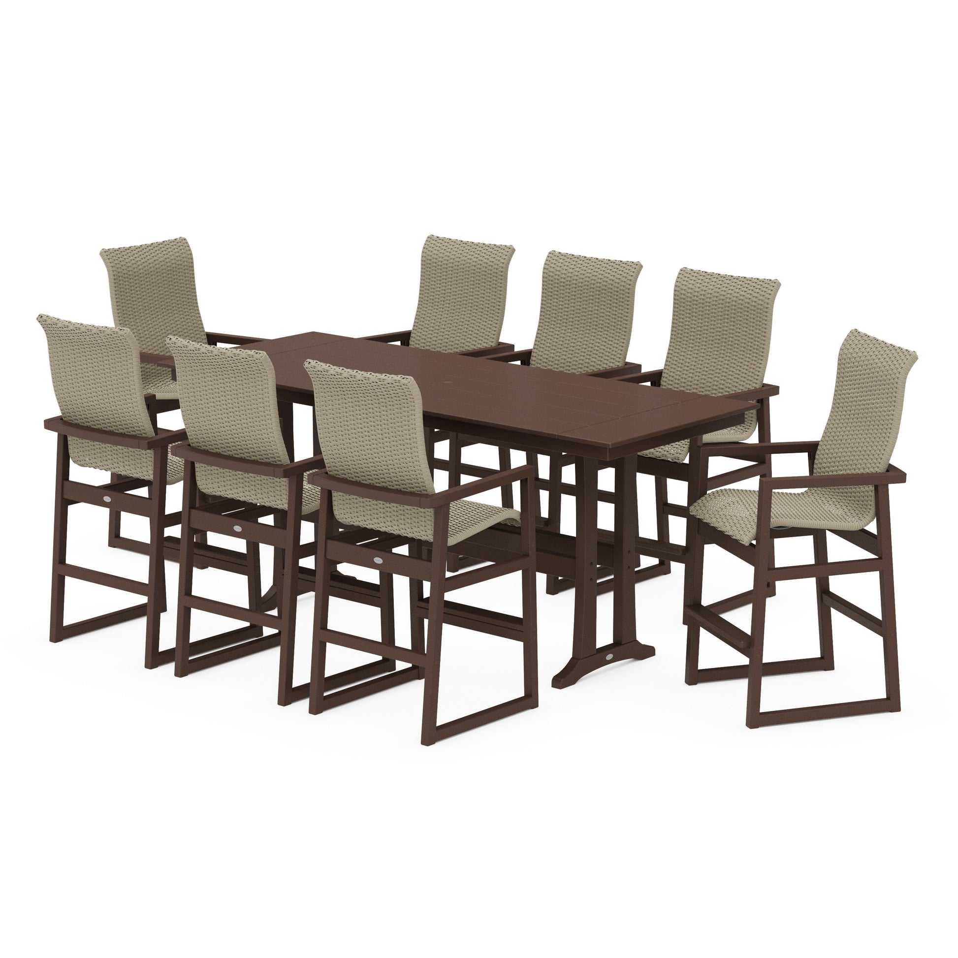 POLYWOOD EDGE Woven Highback 9-Piece Farmhouse Bar Set with Trestle Legs — Mahogany / Dune Grass