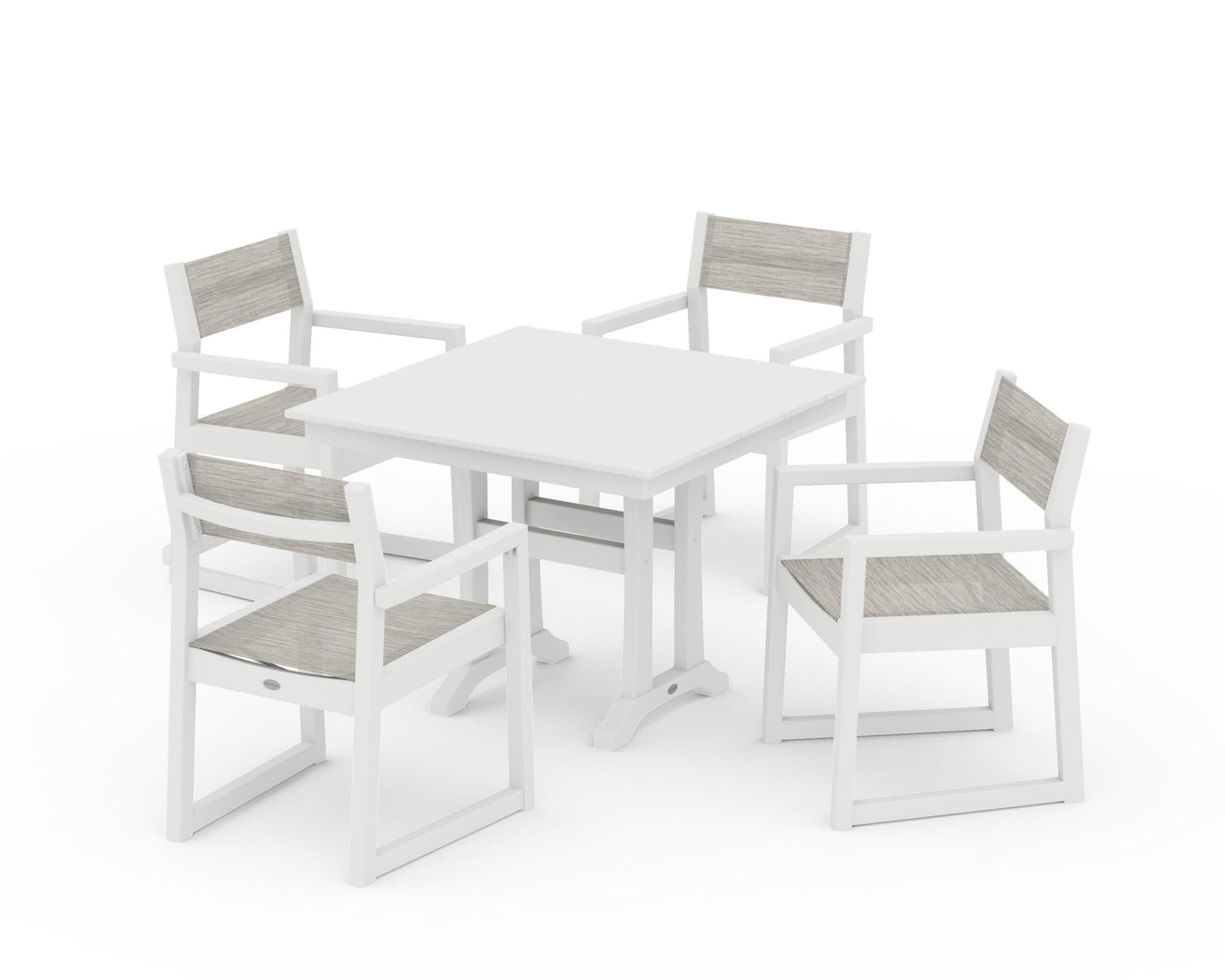 POLYWOOD EDGE Sling 5-Piece Farmhouse Dining Set with Trestle Legs — White / Birch Sling