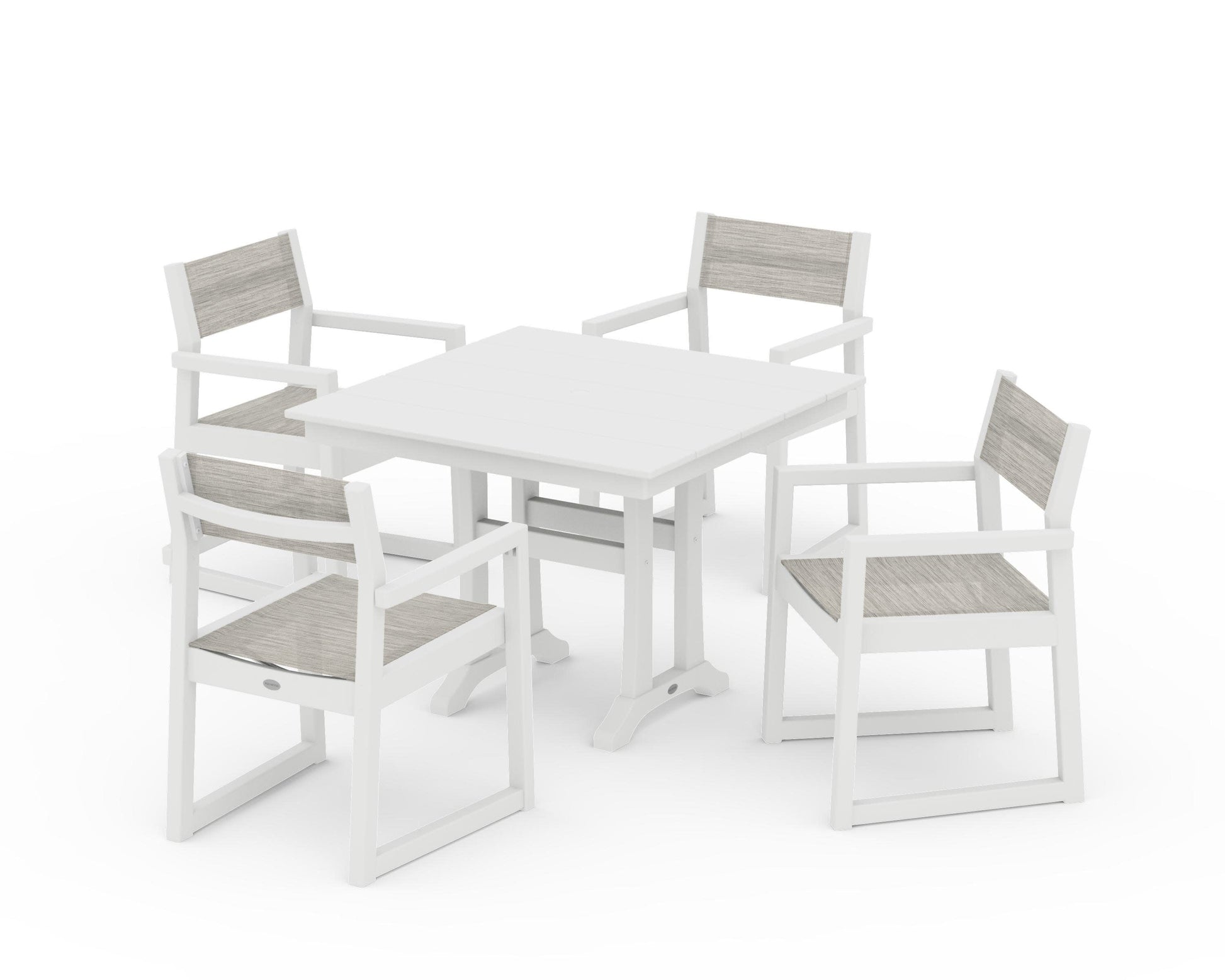 POLYWOOD EDGE Sling 5-Piece Farmhouse Dining Set with Trestle Legs — White / Birch Sling
