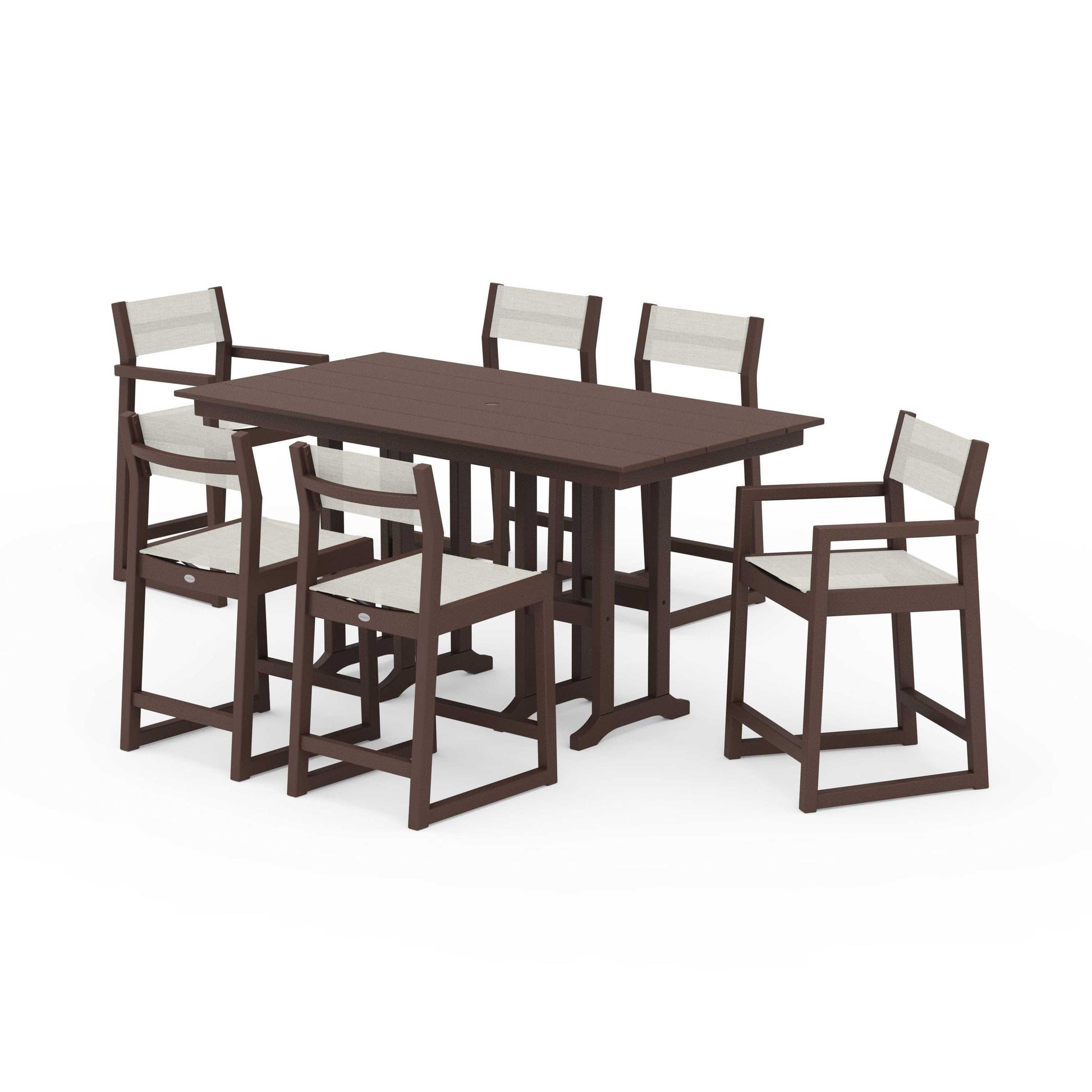 POLYWOOD EDGE Sling 7-Piece Farmhouse Counter Set with Trestle Legs — Mahogany / Parchment Sling