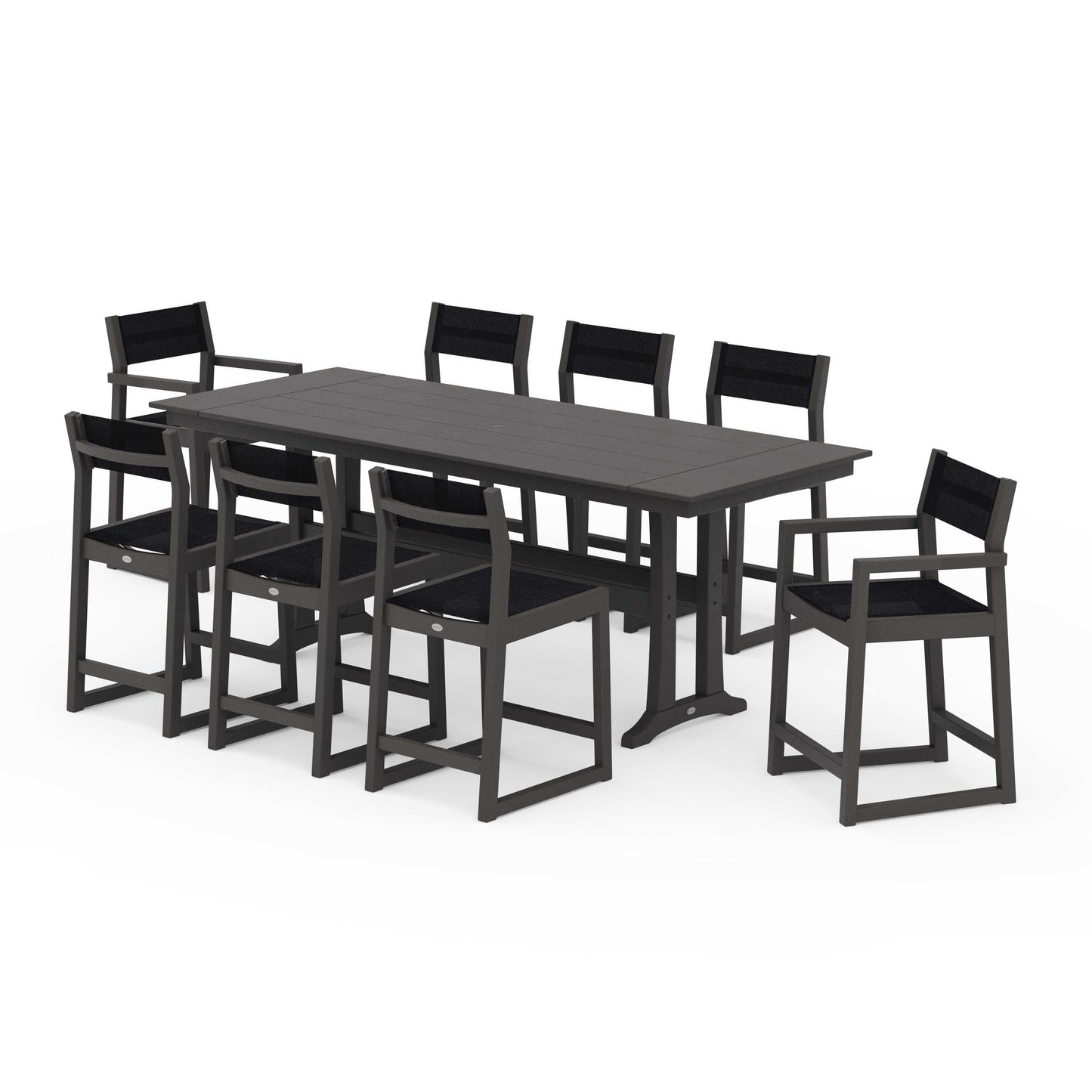POLYWOOD EDGE Sling 9-Piece Farmhouse Counter Set with Trestle Legs — Vintage Coffee / Black Sling