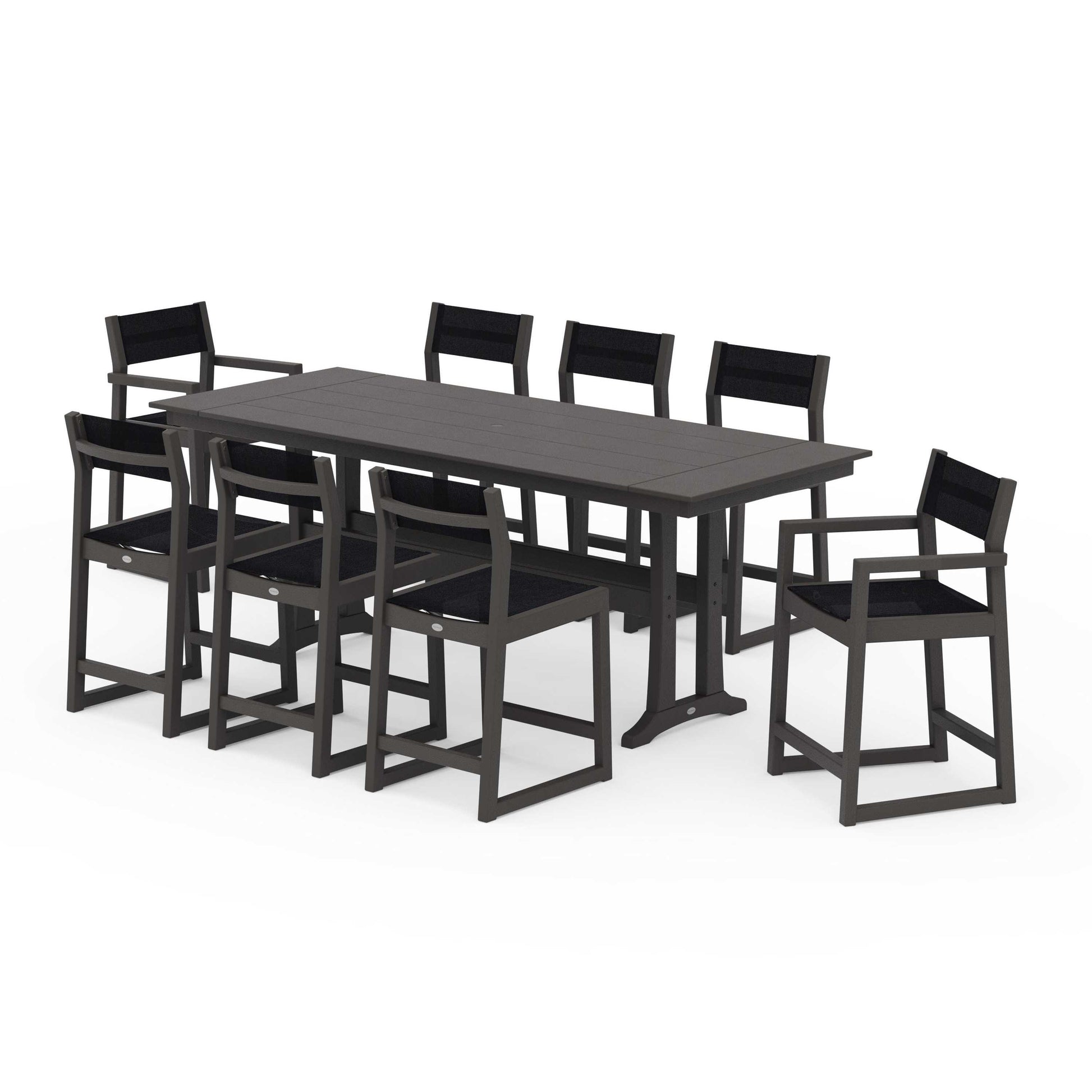 POLYWOOD EDGE Sling 9-Piece Farmhouse Counter Set with Trestle Legs — Vintage Coffee / Black Sling