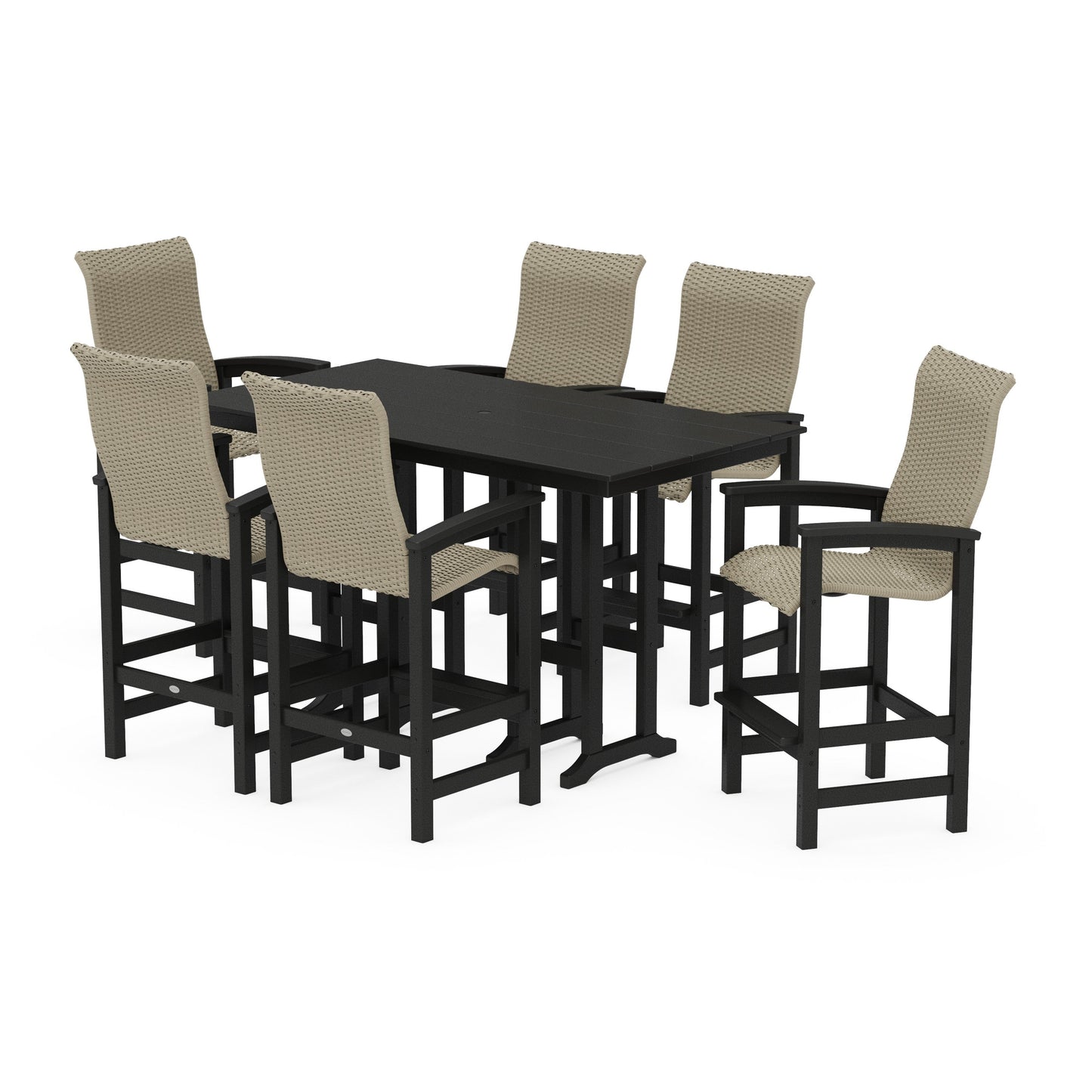 POLYWOOD Coastal Woven High-Back Arm Chair 7-Piece Farmhouse Bar Set — Black / Dune Grass