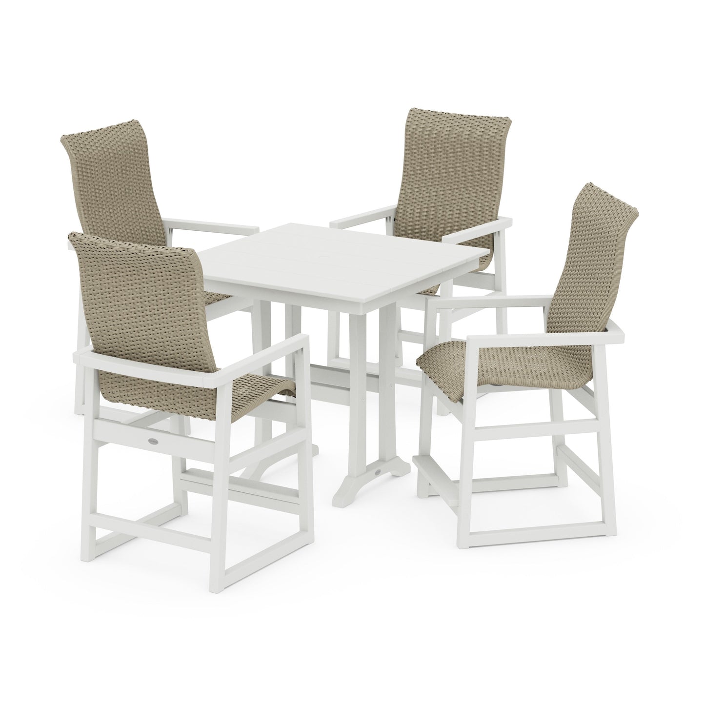 POLYWOOD EDGE Woven Highback 5-Piece Farmhouse Counter Set with Trestle Legs — Vintage White / Dune Grass