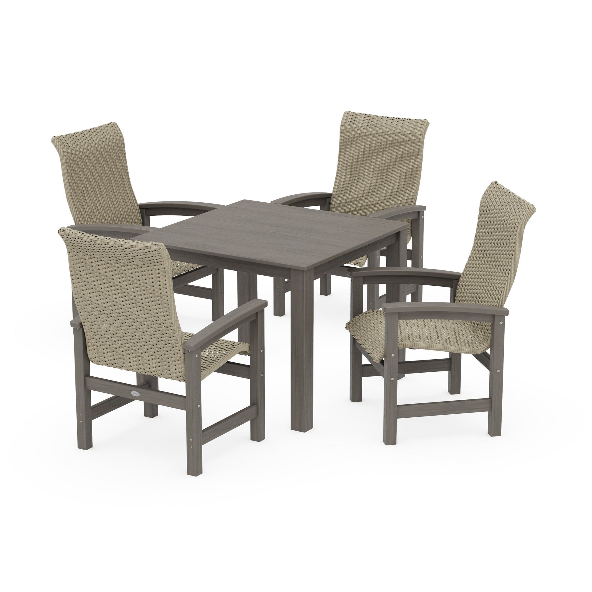 POLYWOOD Coastal Woven High-Back 5-Piece Parsons Dining Set — Driftwood / Dune Grass