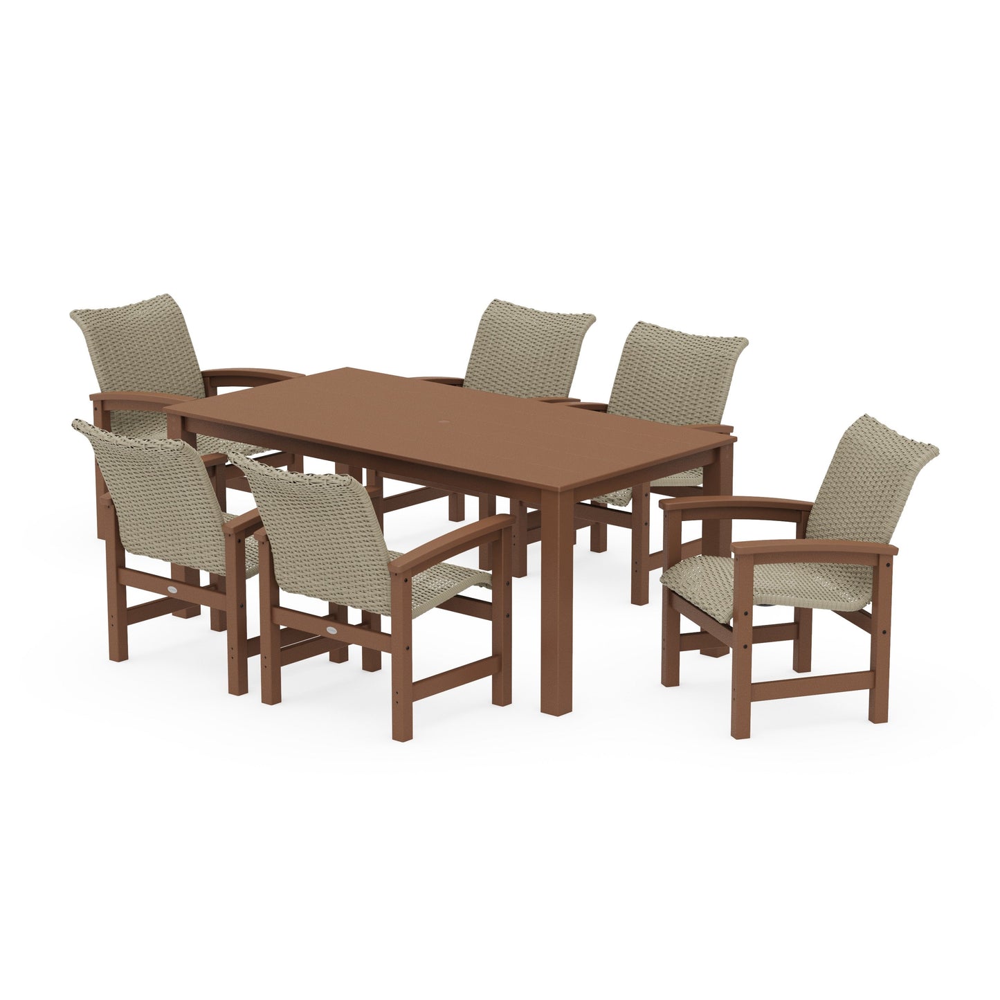 POLYWOOD Coastal Woven Arm Chair 7-Piece Parsons Dining Set — Teak / Dune Grass