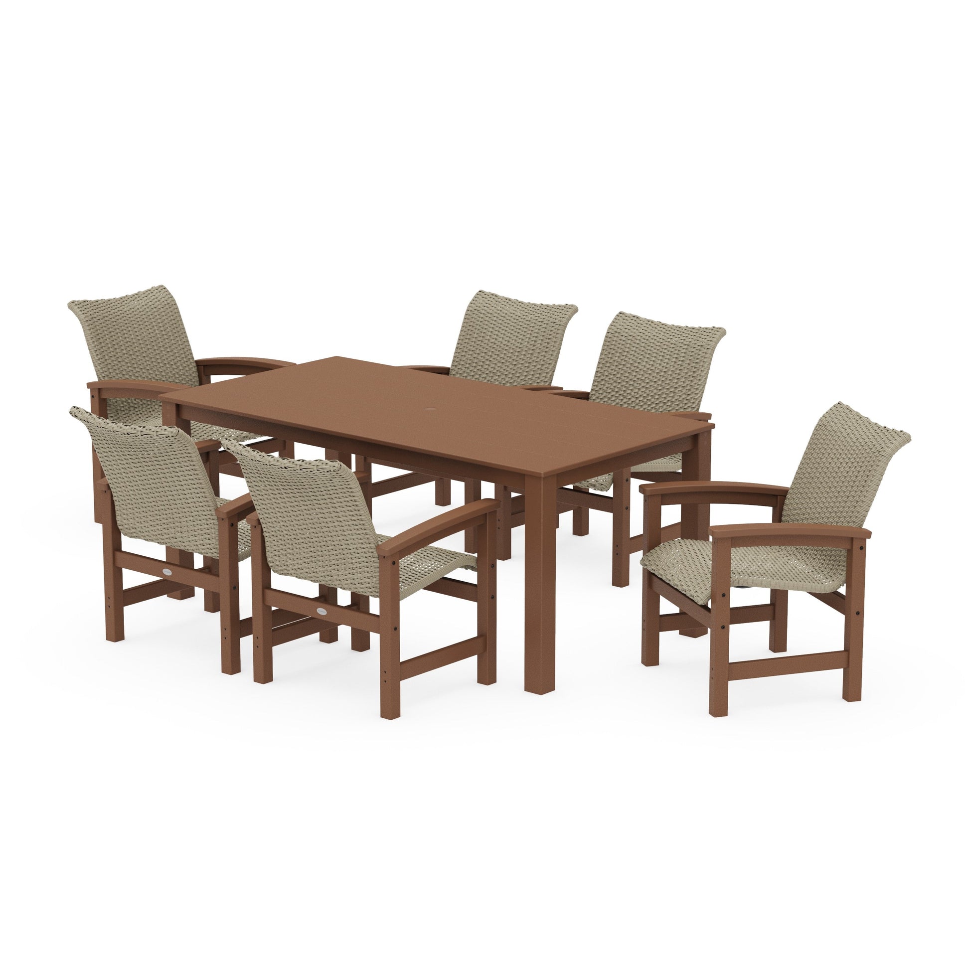 POLYWOOD Coastal Woven Arm Chair 7-Piece Parsons Dining Set — Teak / Dune Grass