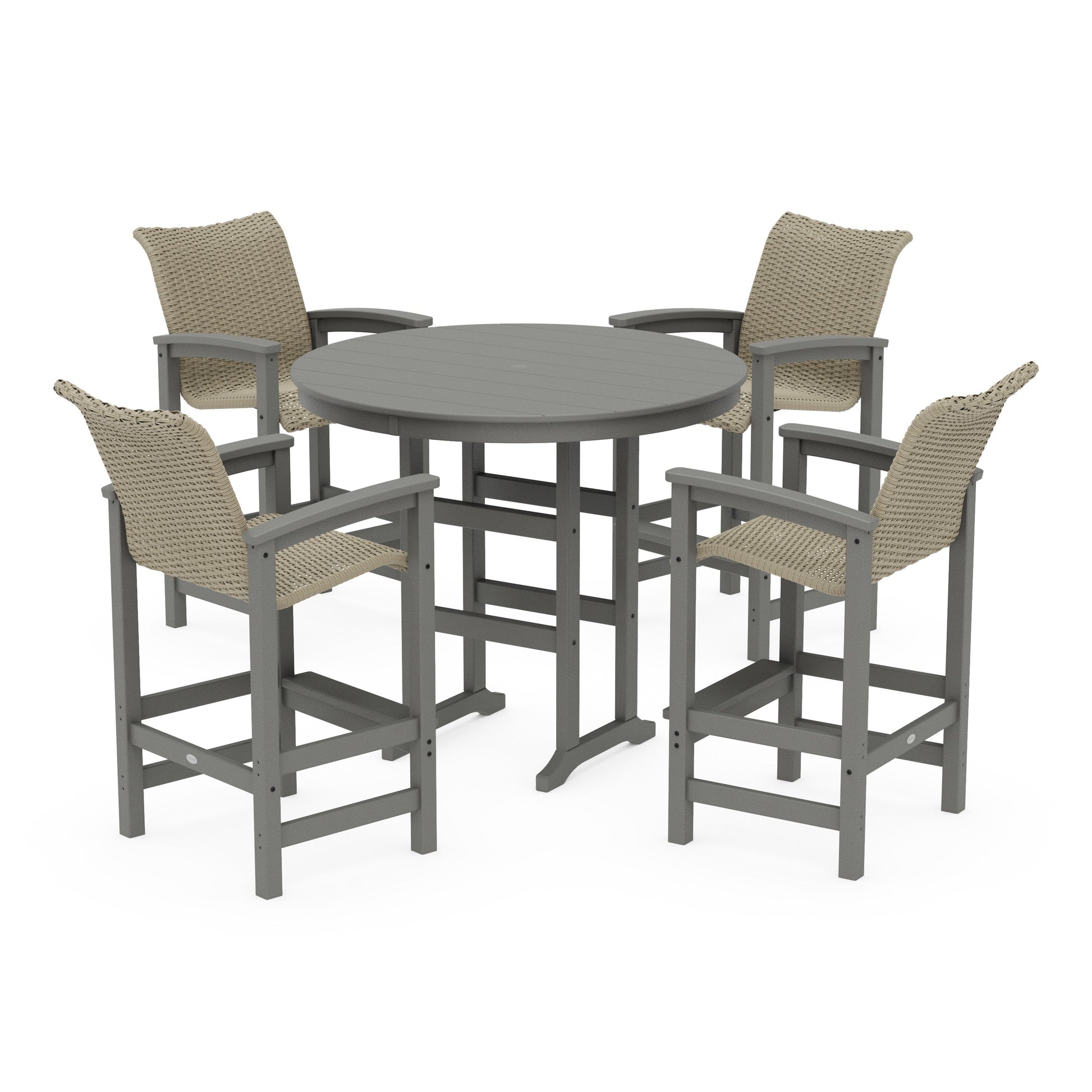 POLYWOOD Coastal Woven 5-Piece Round Farmhouse Bar Set — Slate Grey / Dune Grass