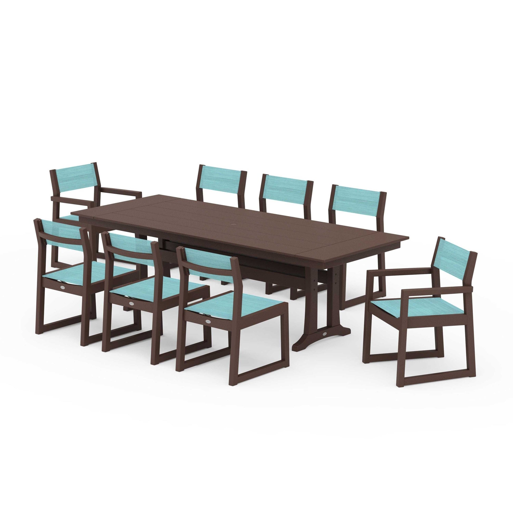 POLYWOOD EDGE Sling 9-Piece Farmhouse Trestle Dining Set — Mahogany / Dupioni Aquamarine Sling
