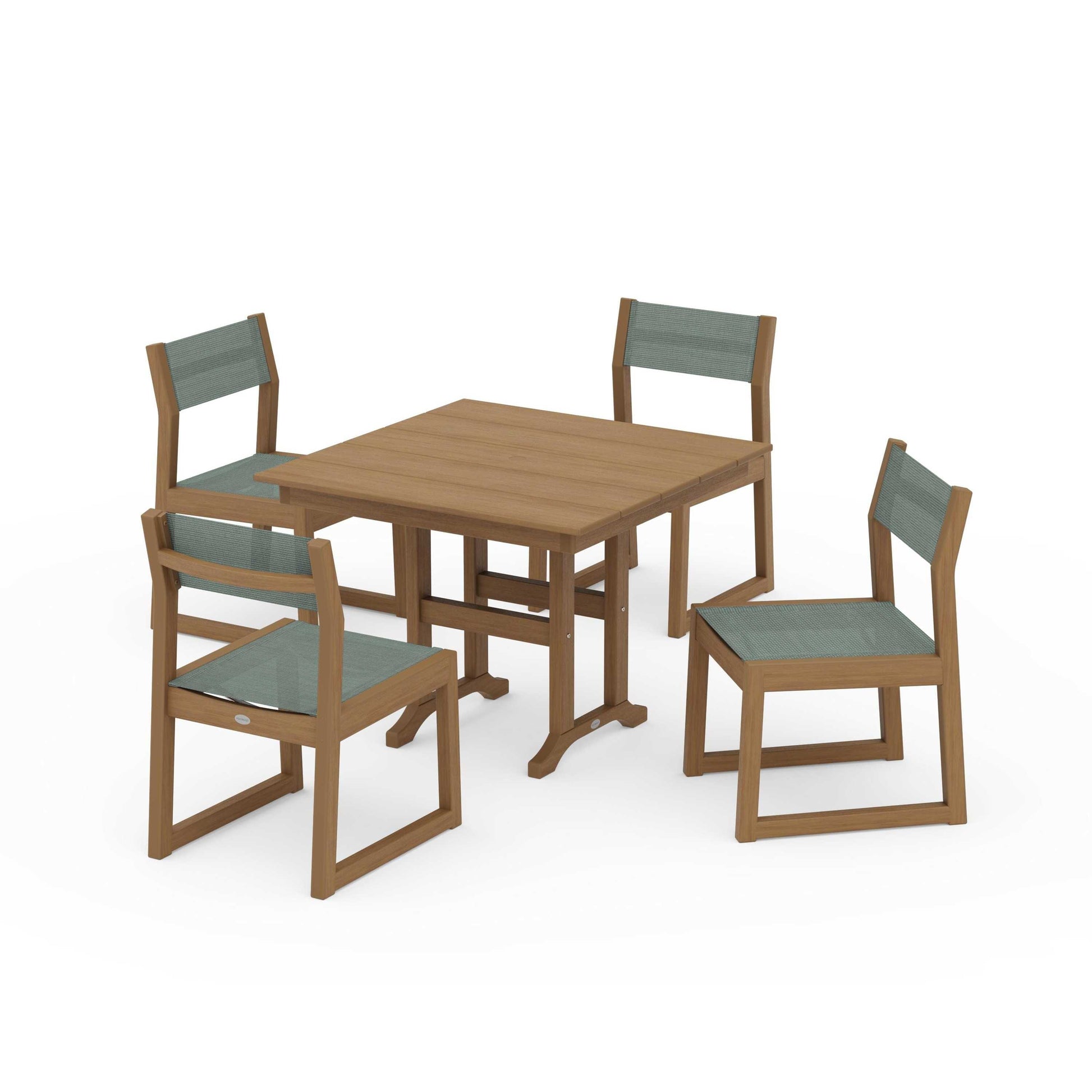 POLYWOOD EDGE Sling Side Chair 5-Piece Farmhouse Dining Set — Natural / Dupioni Sea Mist Sling