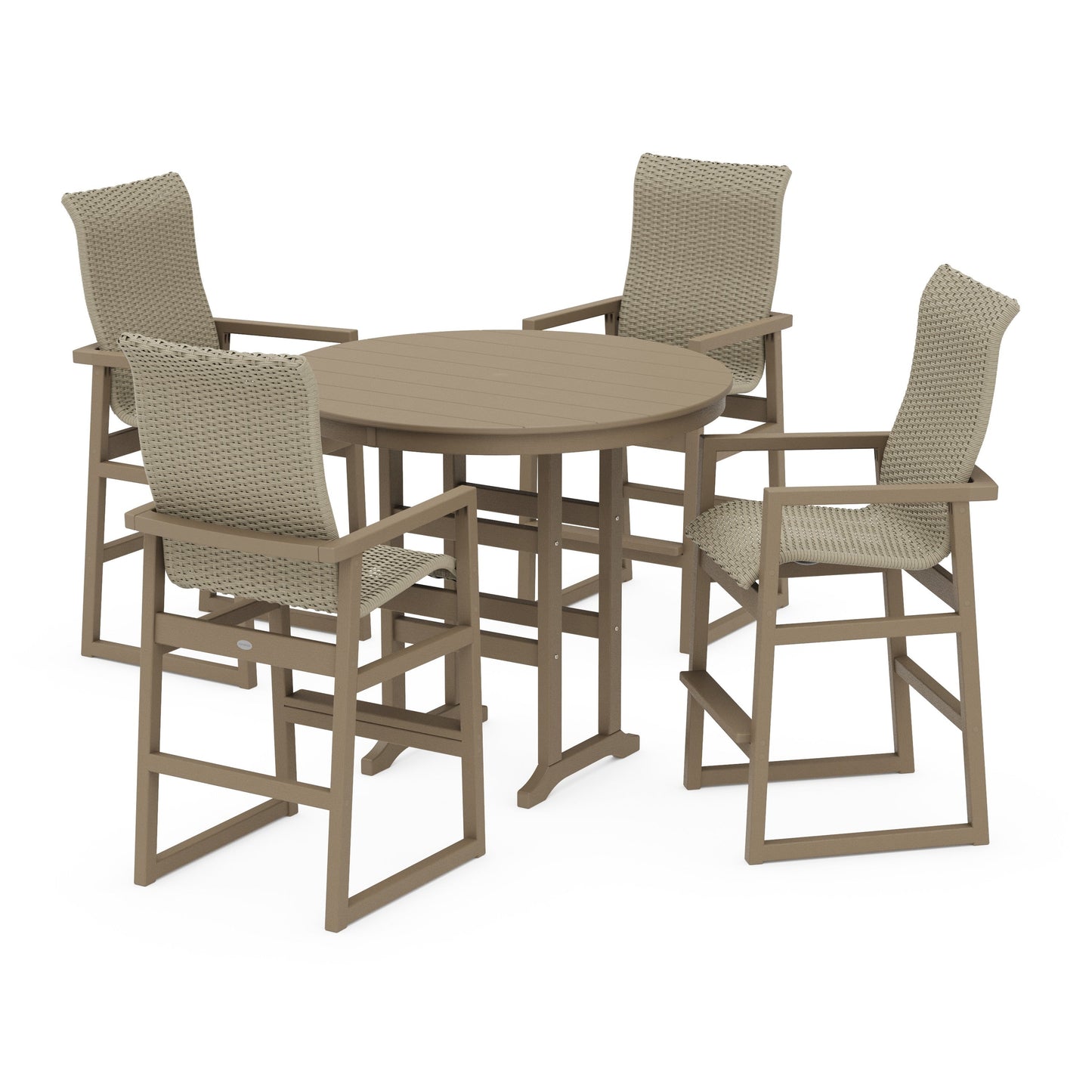 POLYWOOD EDGE Woven Highback 5-Piece Round Farmhouse Bar Set — Vintage Sahara / Dune Grass
