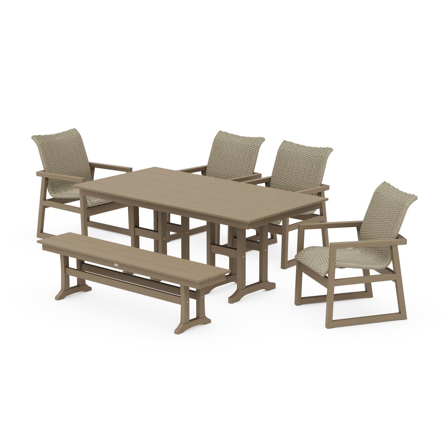POLYWOOD EDGE Woven 6-Piece Farmhouse Dining Set with Bench — Vintage Sahara / Dune Grass