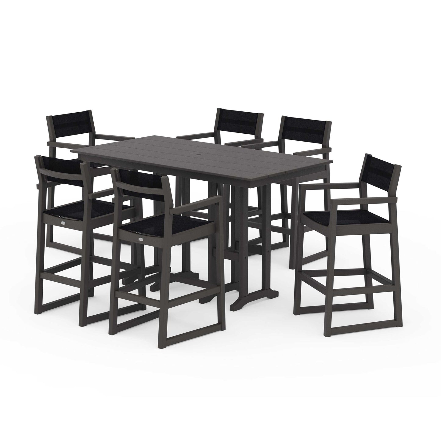 POLYWOOD EDGE Sling Arm Chair 7-Piece Farmhouse Bar Set — Vintage Coffee / Black Sling