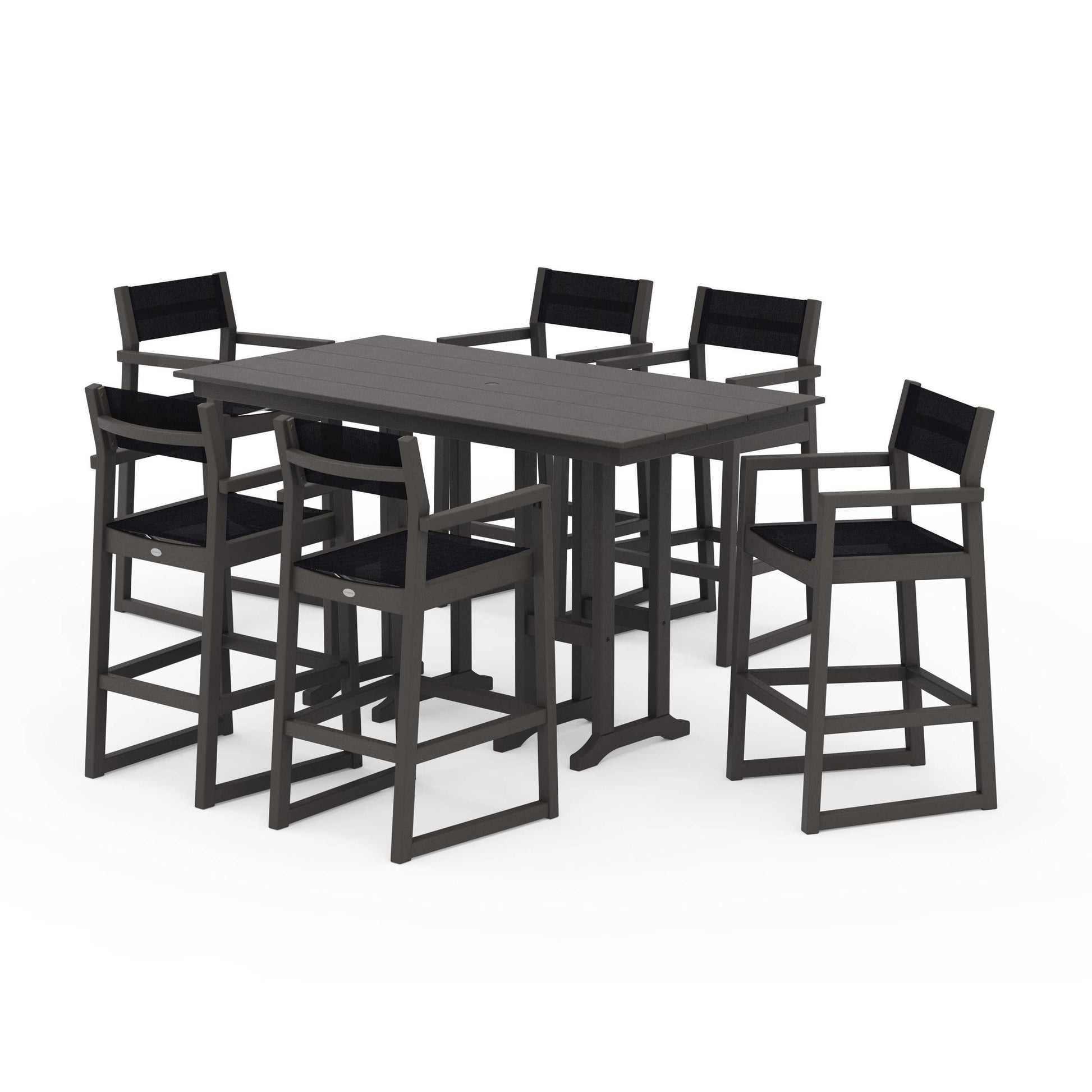 POLYWOOD EDGE Sling Arm Chair 7-Piece Farmhouse Bar Set — Vintage Coffee / Black Sling