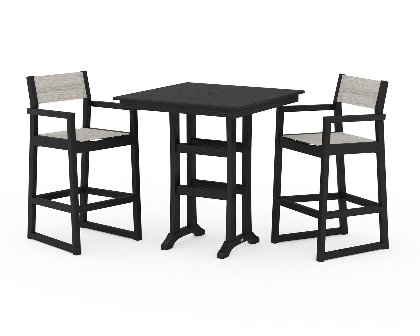 POLYWOOD EDGE Sling Arm Chair 3-Piece Farmhouse Bar Set with Trestle Legs — Black / Birch Sling