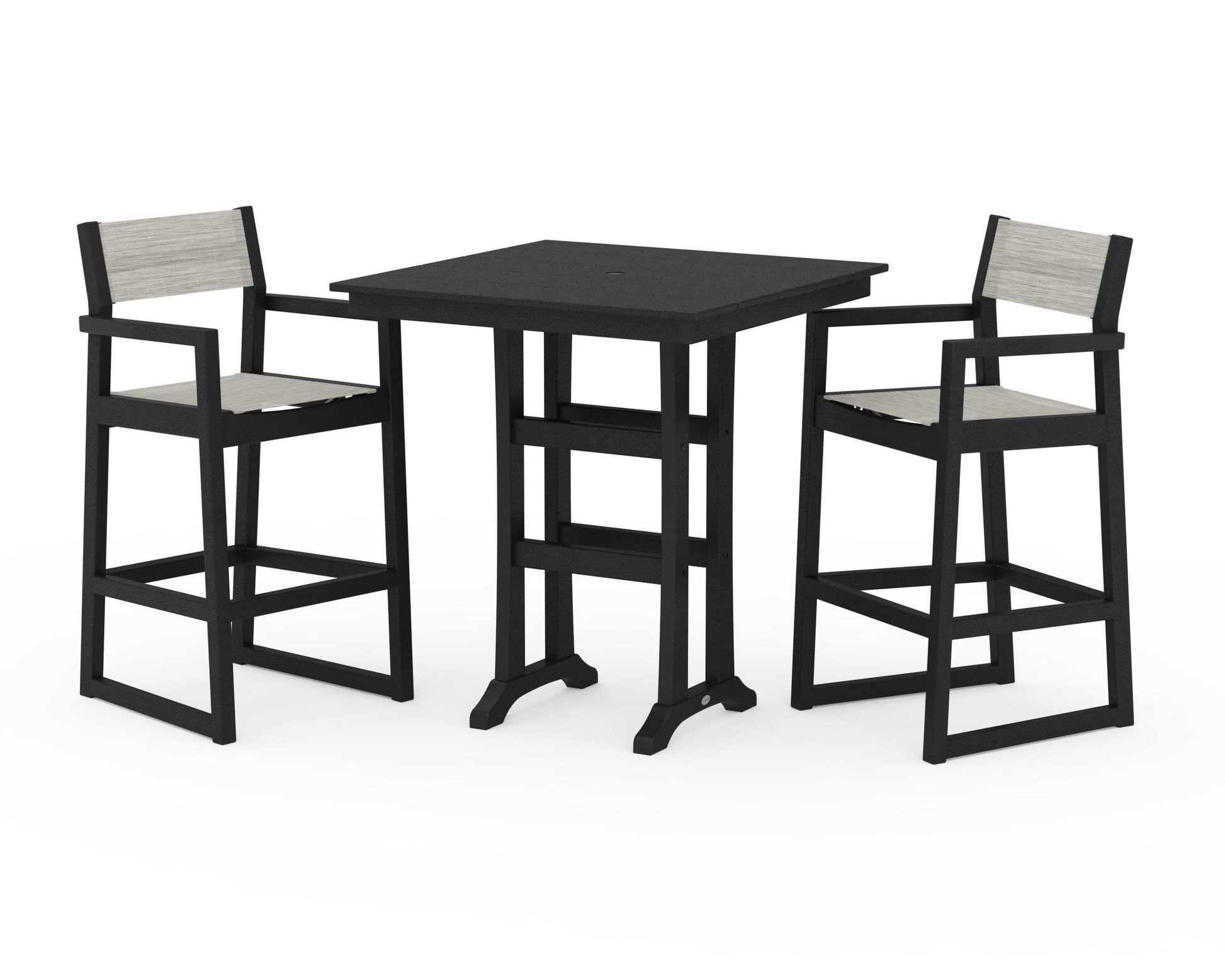 POLYWOOD EDGE Sling Arm Chair 3-Piece Farmhouse Bar Set with Trestle Legs — Black / Birch Sling