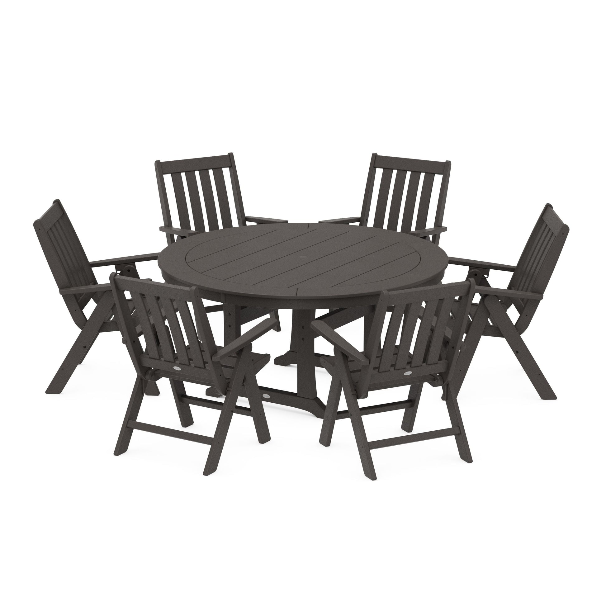 POLYWOOD Vineyard Folding 7-Piece Side Chair Round Dining Set — Vintage Coffee