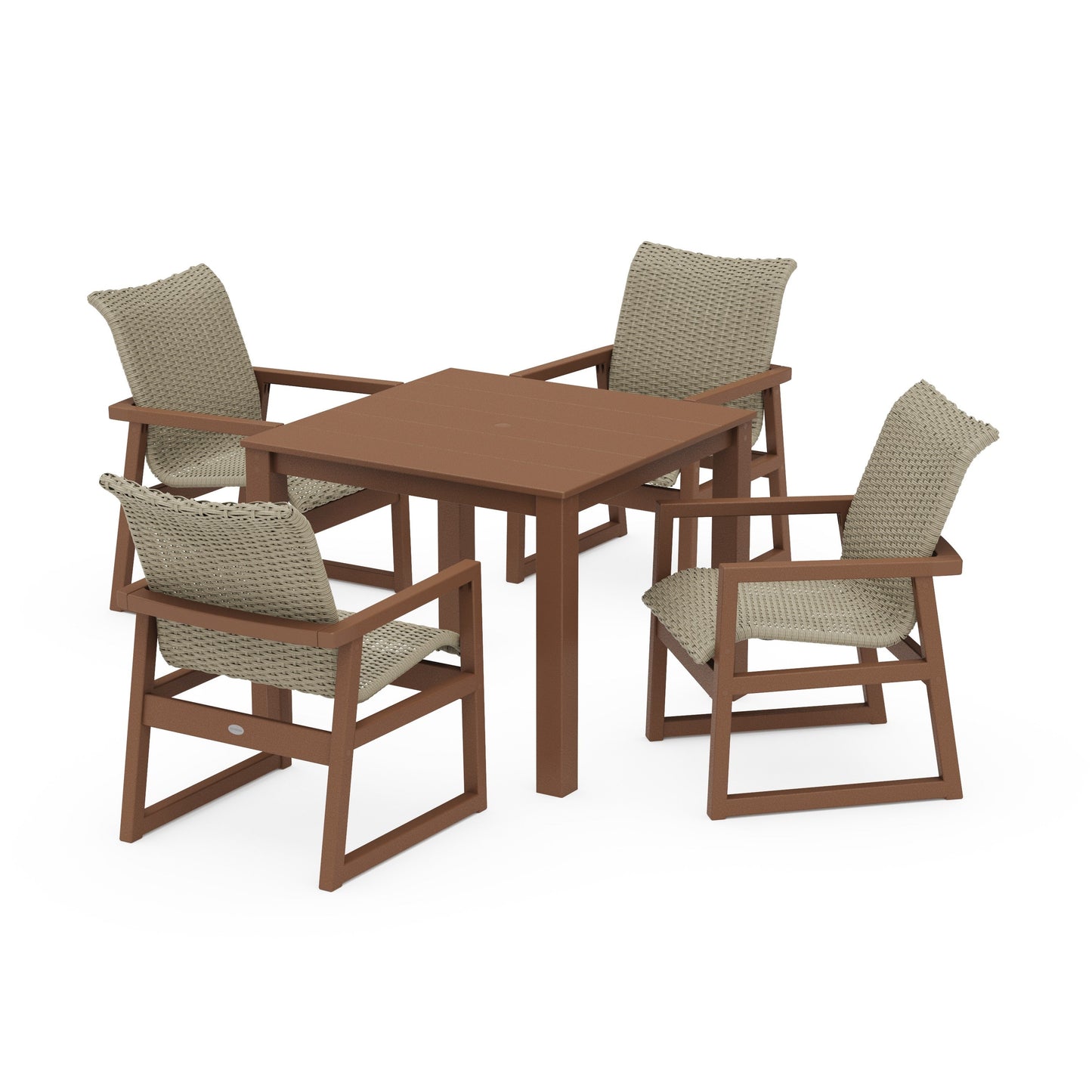 POLYWOOD EDGE Woven 5-Piece Parsons Dining Set — Teak / Dune Grass