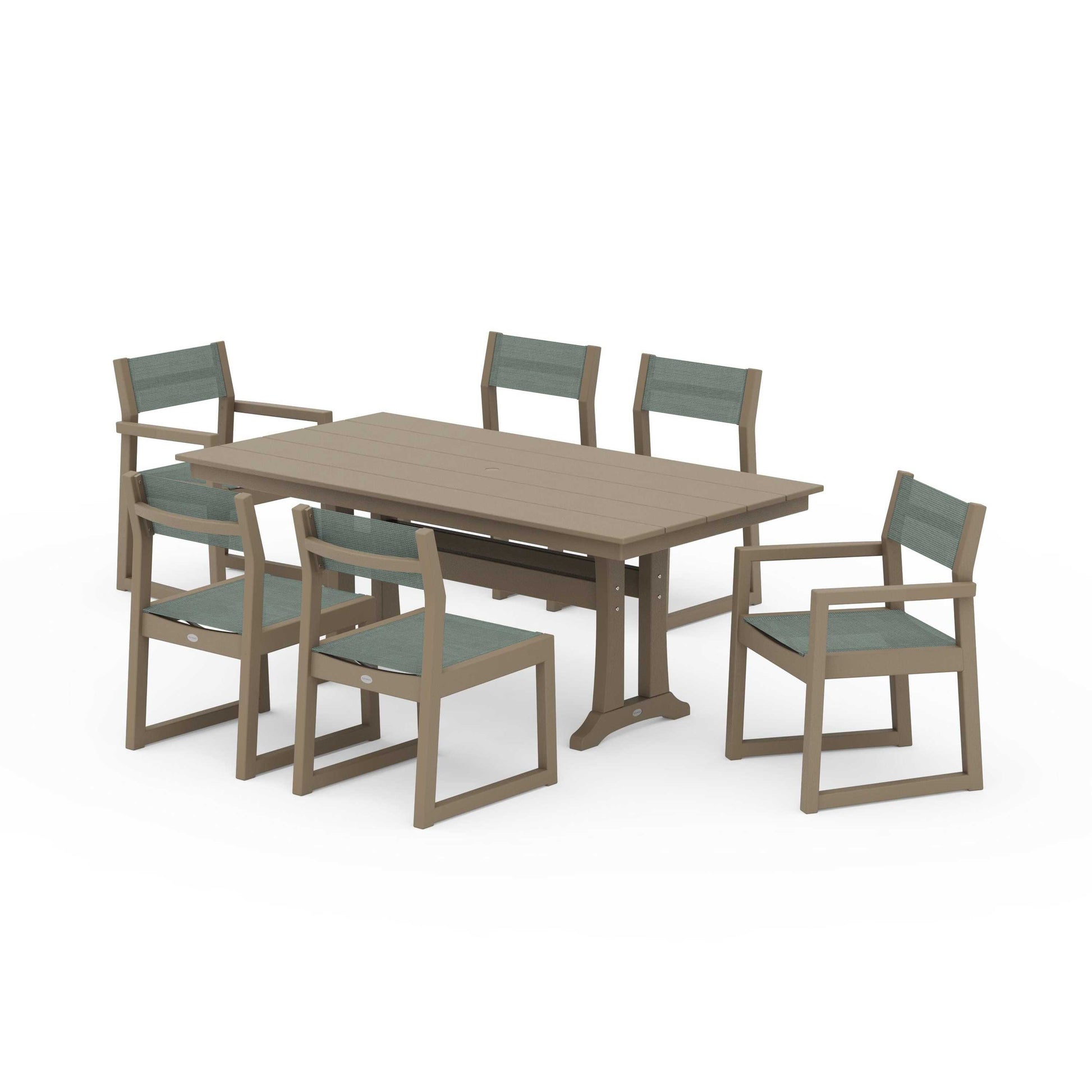 POLYWOOD EDGE Sling 7-Piece Farmhouse Trestle Dining Set — Vintage Sahara / Dupioni Sea Mist Sling