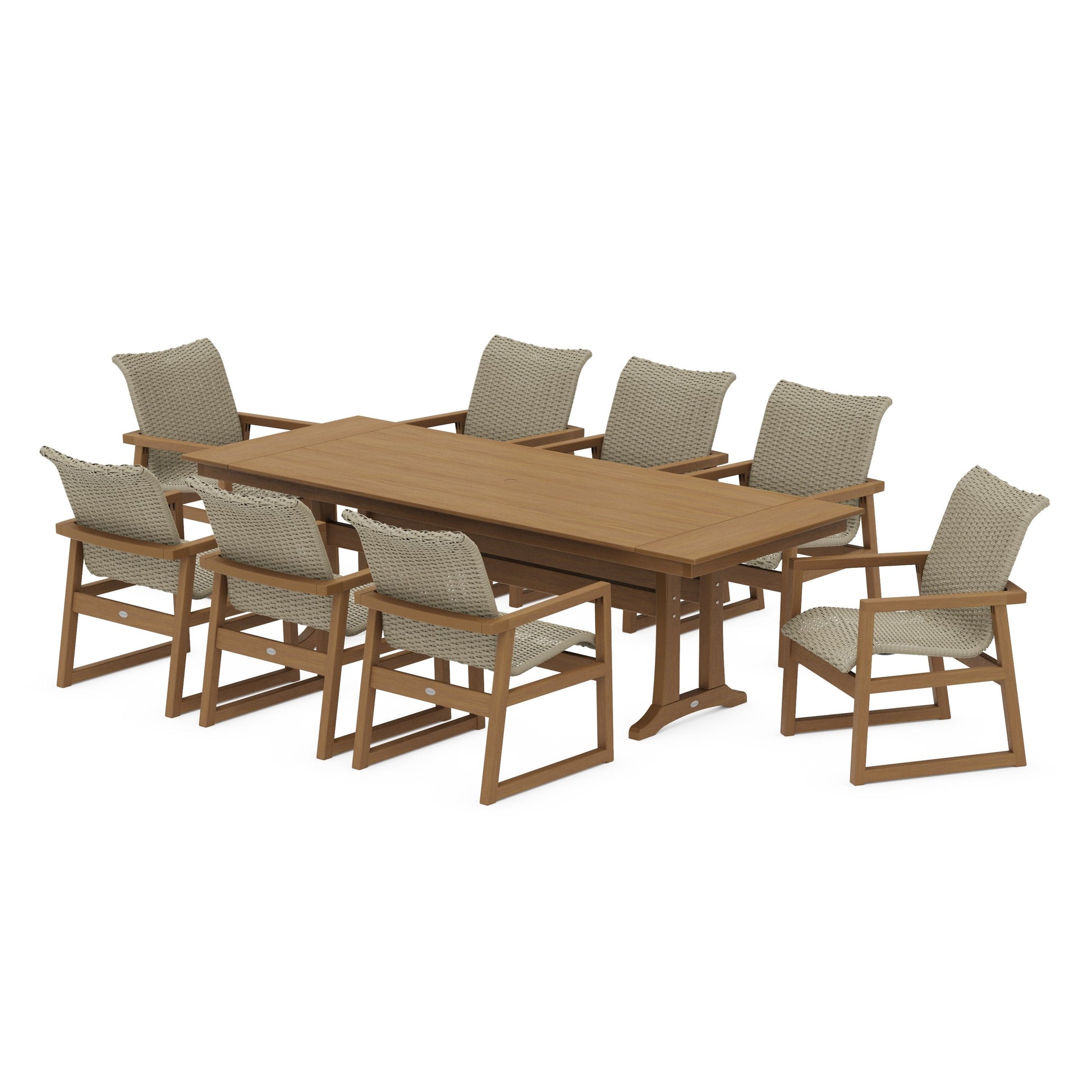 POLYWOOD EDGE Woven 9-Piece Farmhouse Dining Set with Trestle Legs — Natural / Dune Grass
