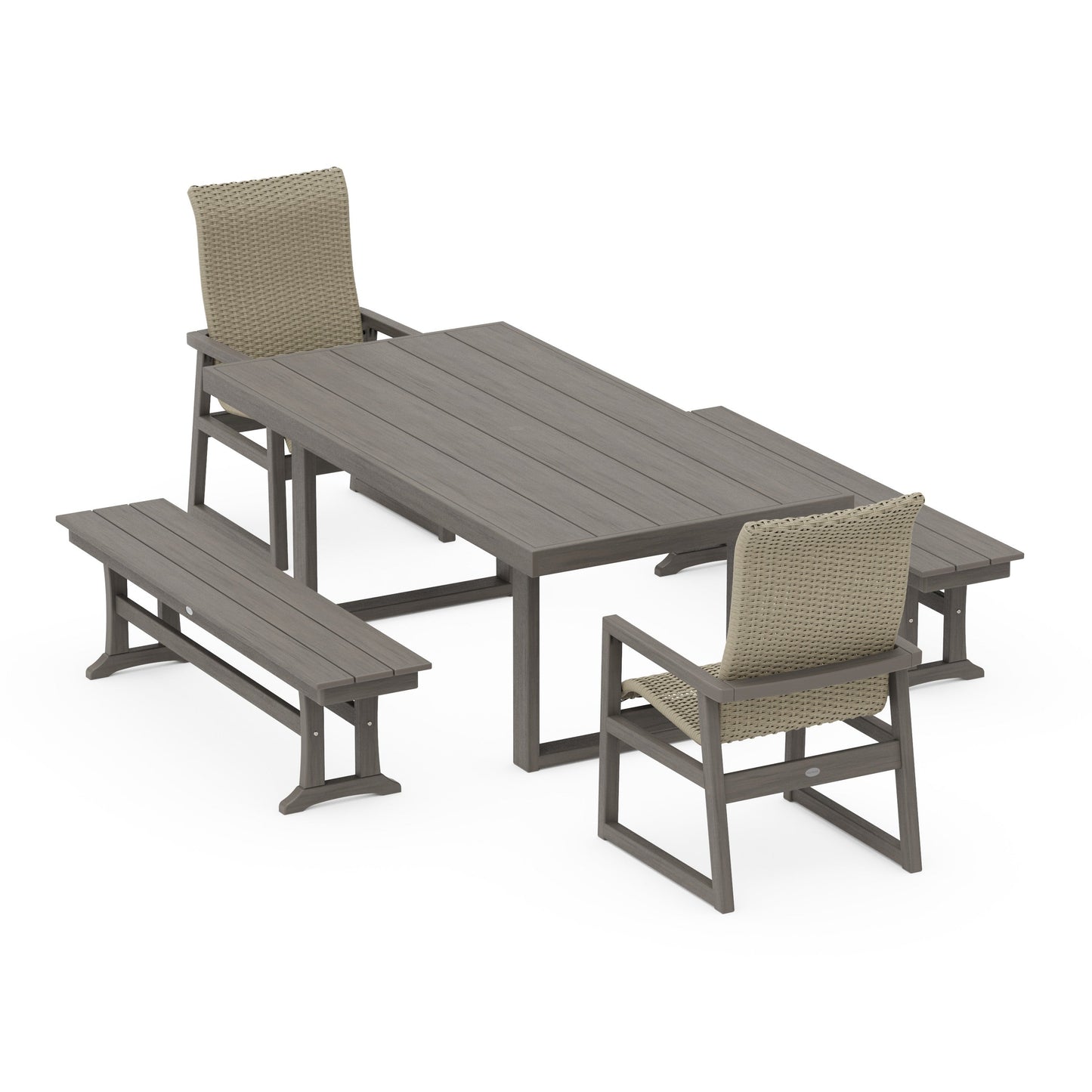 POLYWOOD EDGE Woven Highback 5-Piece Dining Set with Benches — Driftwood / Dune Grass