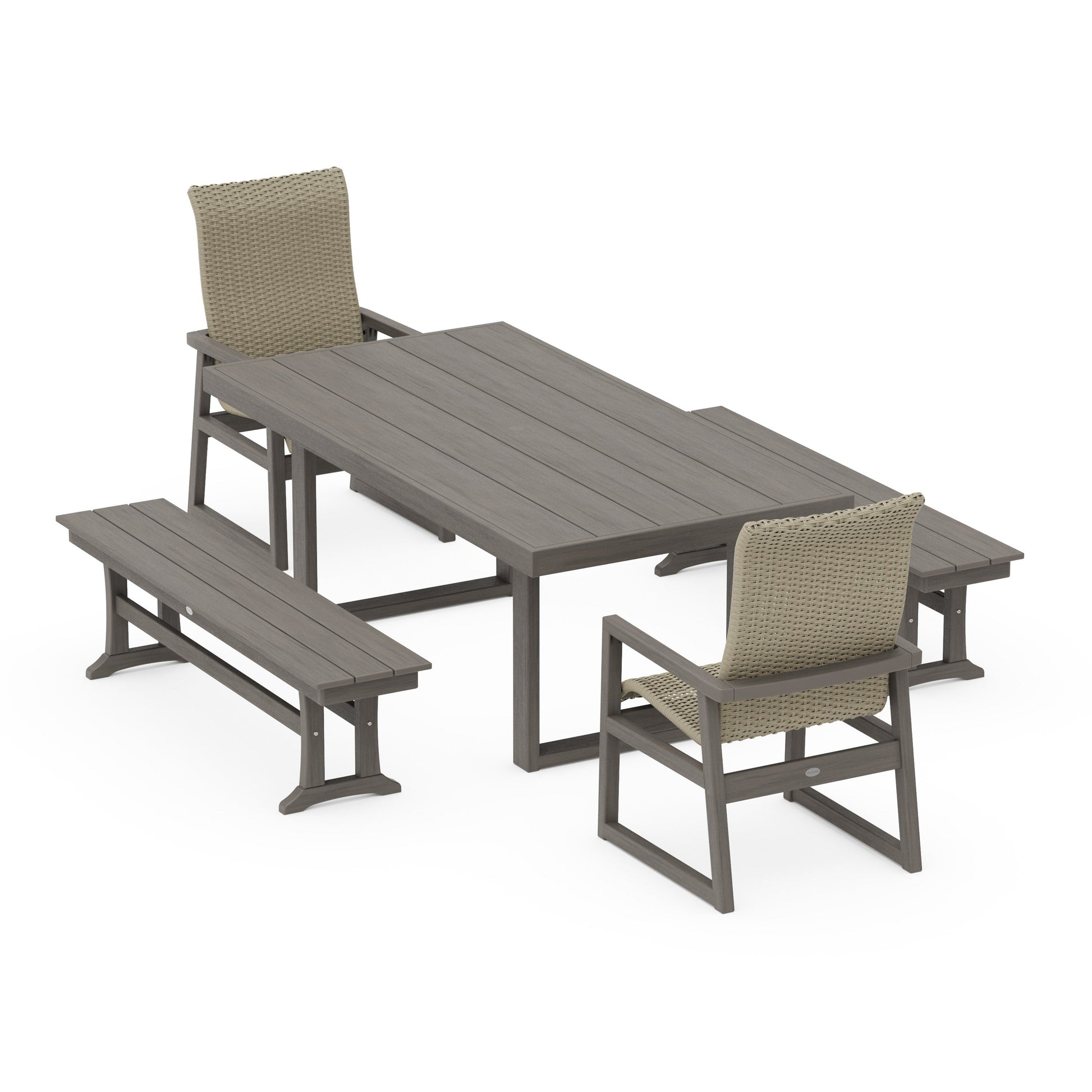 POLYWOOD EDGE Woven Highback 5-Piece Dining Set with Benches — Driftwood / Dune Grass