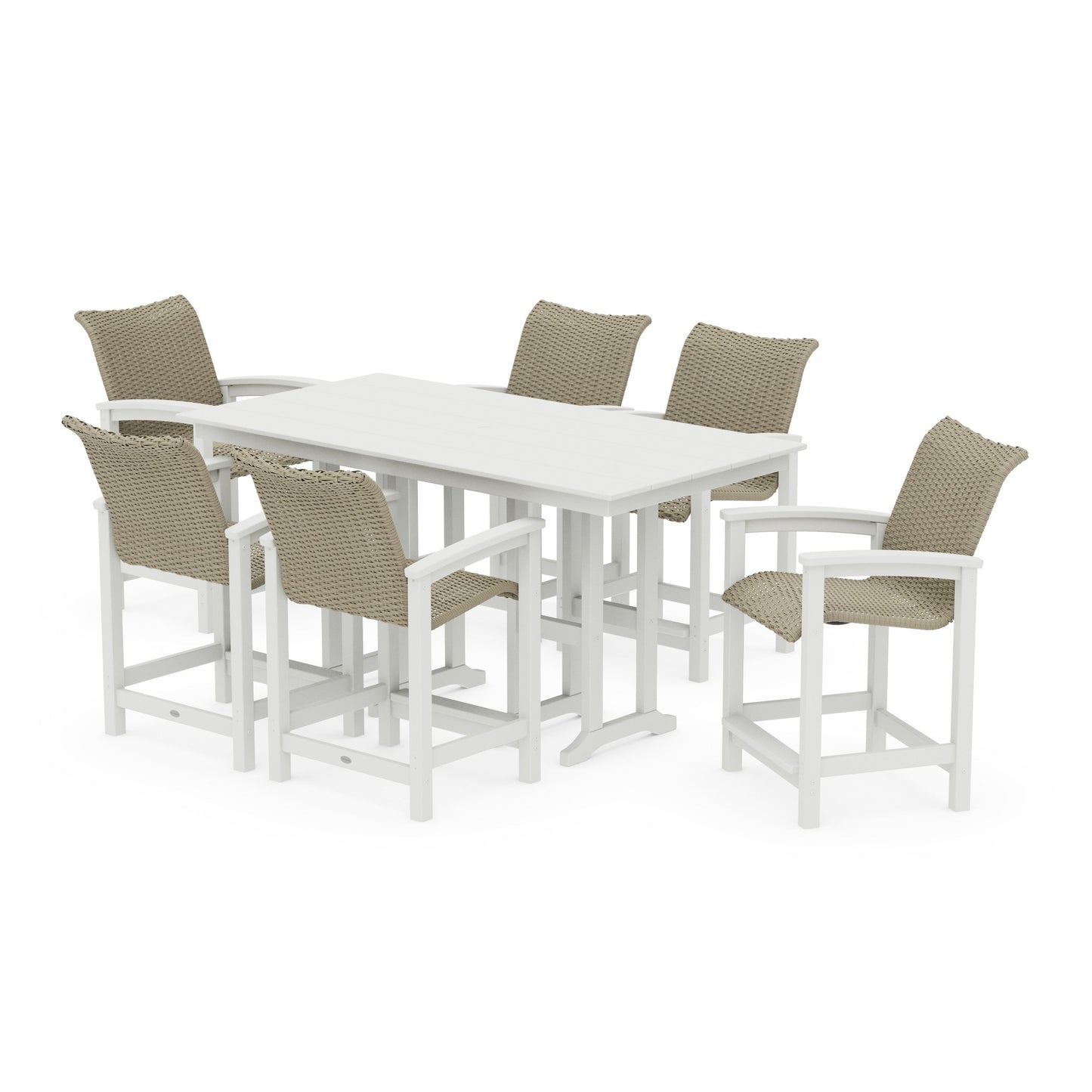 POLYWOOD Coastal Woven Arm Chair 7-Piece Farmhouse Counter Set — Vintage White / Dune Grass