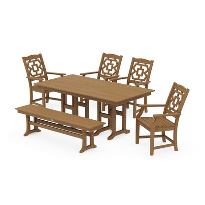 POLYWOOD Chinoiserie 6-Piece Farmhouse Dining Set with Bench — Natural