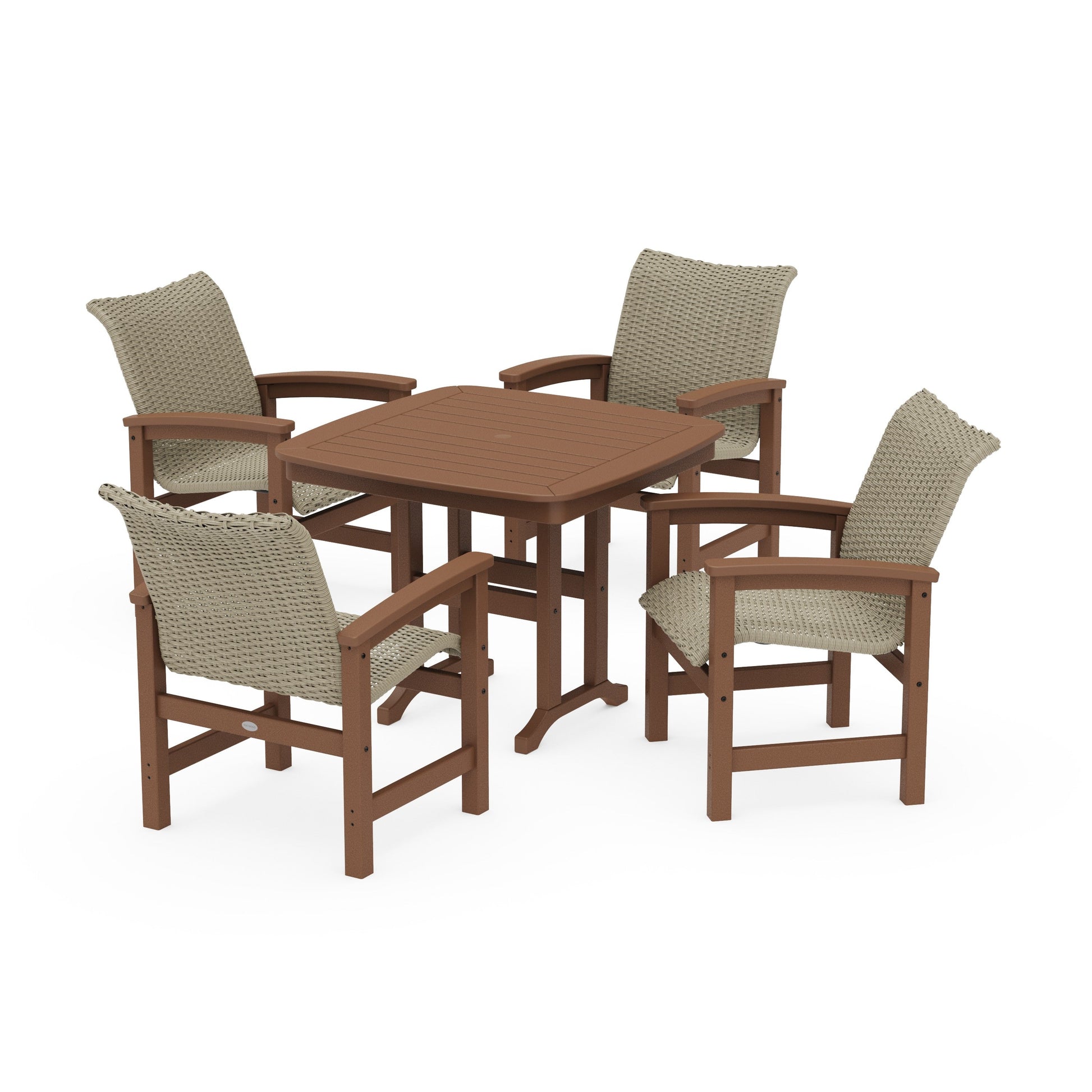 POLYWOOD Coastal Woven 5-Piece Dining Set — Teak / Dune Grass