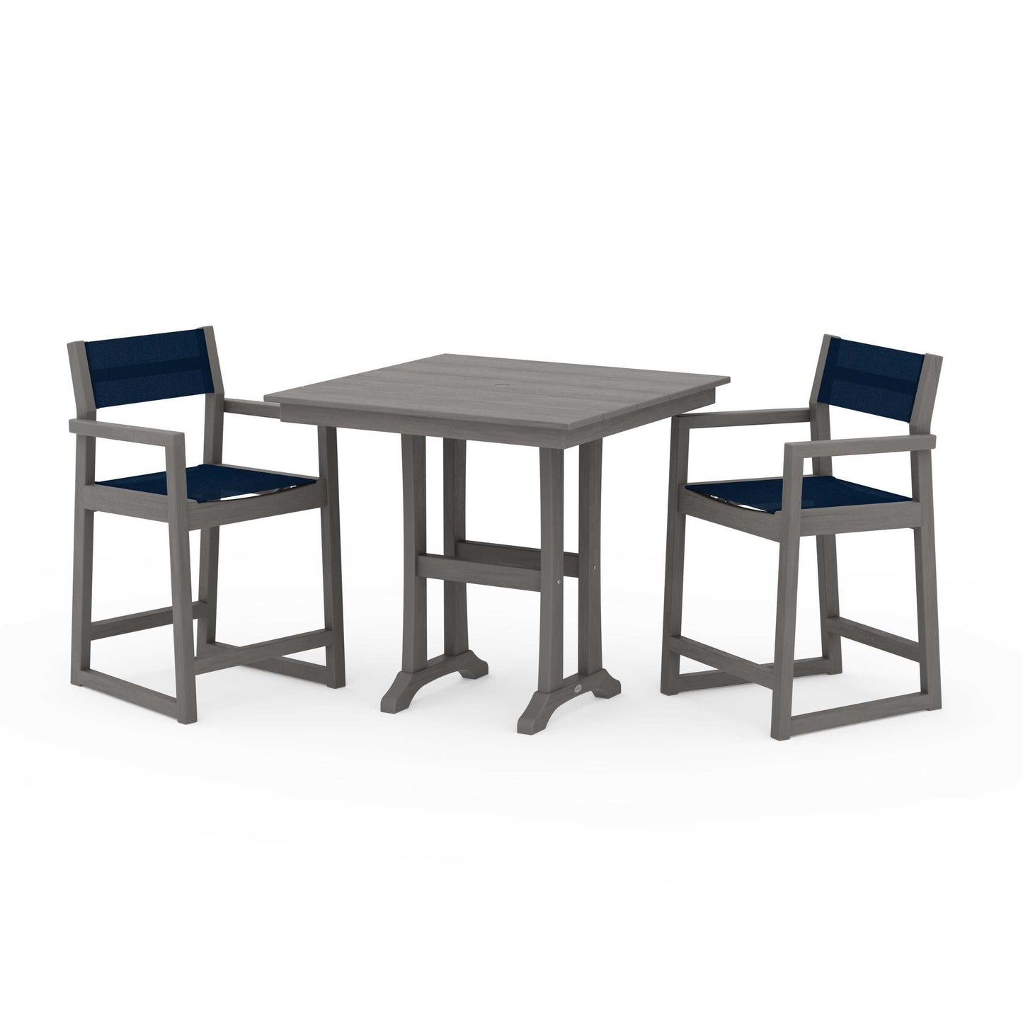 POLYWOOD EDGE Sling Arm Chair 3-Piece Farmhouse Counter Set with Trestle Legs — Driftwood / Navy Blue Sling