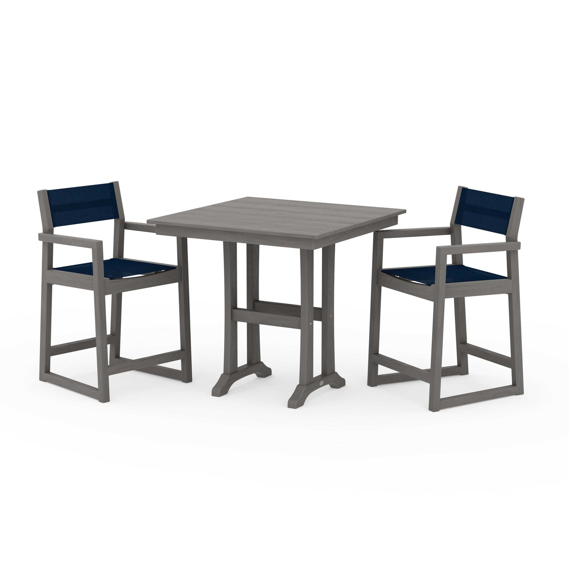 POLYWOOD EDGE Sling Arm Chair 3-Piece Farmhouse Counter Set with Trestle Legs — Driftwood / Navy Blue Sling