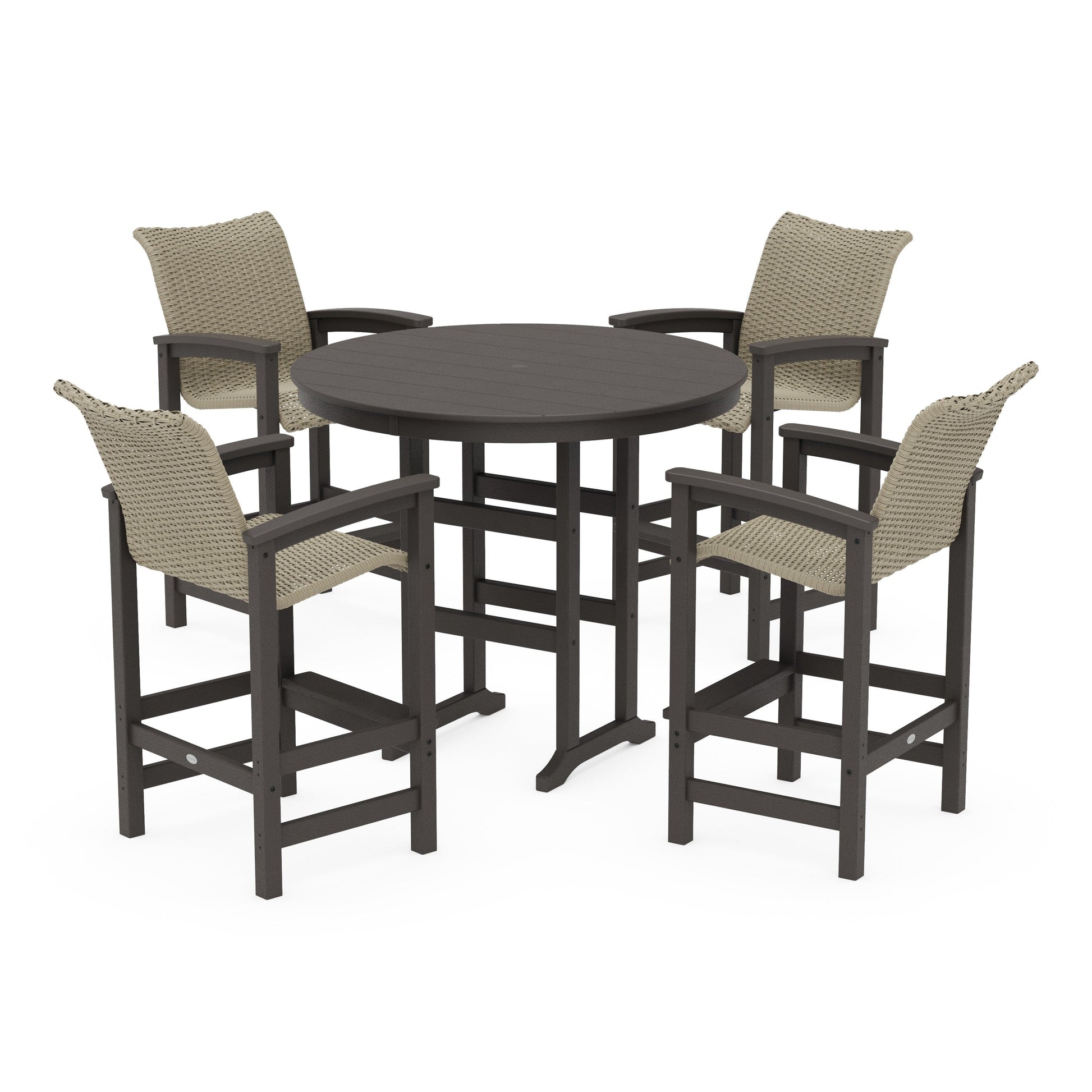 POLYWOOD Coastal Woven 5-Piece Round Farmhouse Bar Set — Vintage Coffee / Dune Grass