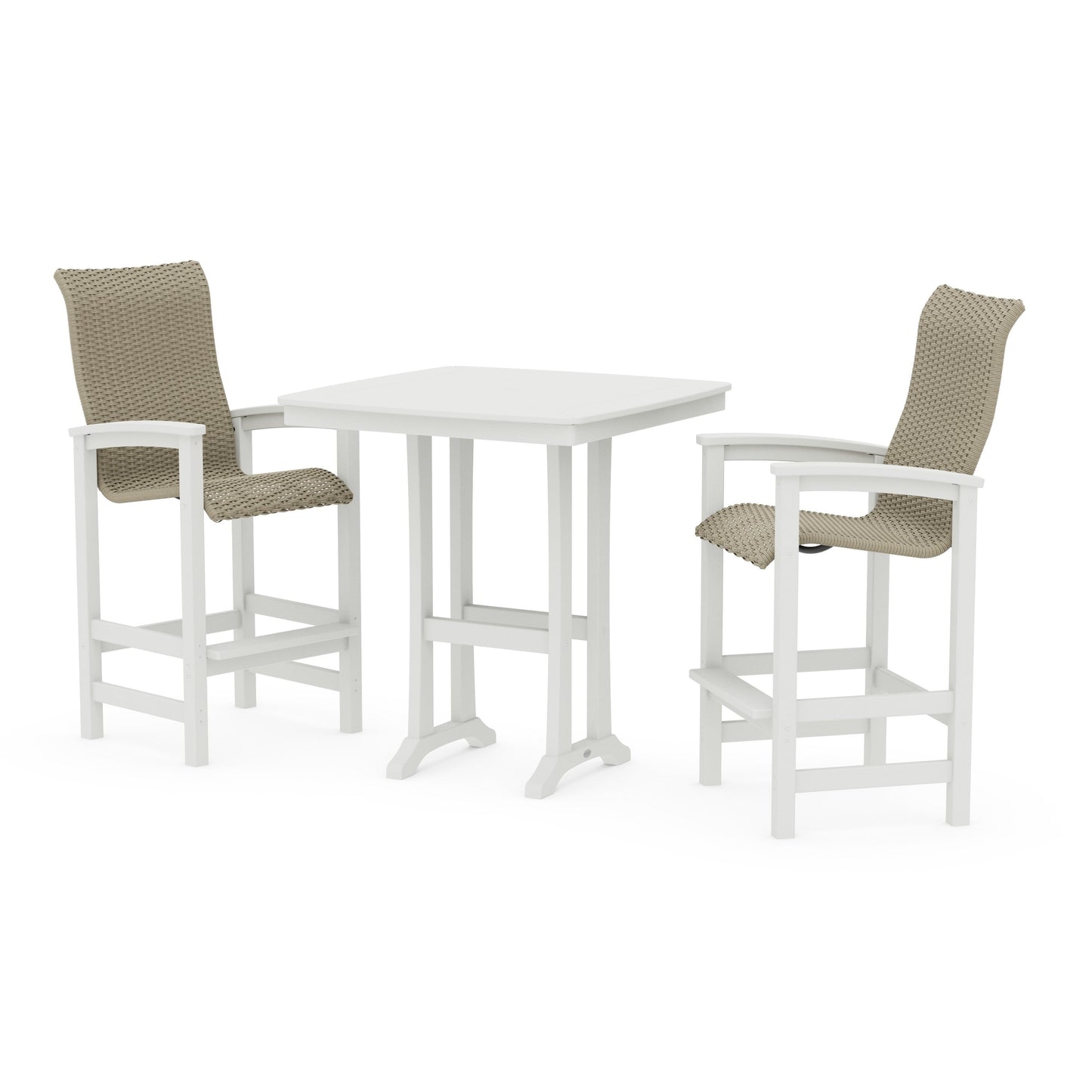 POLYWOOD Coastal Woven High-Back 3-Piece Bar Set — Vintage White / Dune Grass