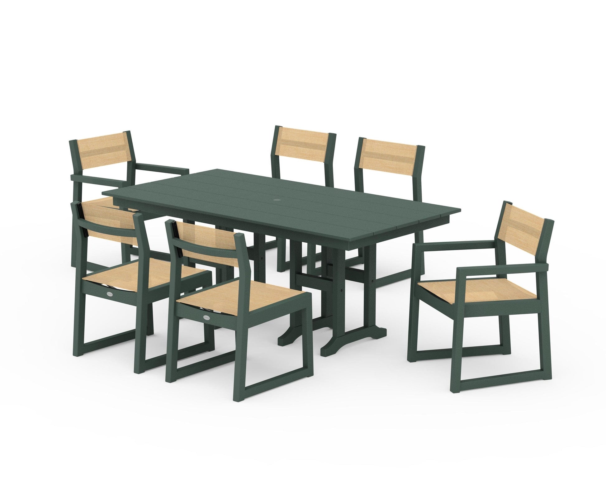 POLYWOOD EDGE Sling 7-Piece Farmhouse Dining Set — Green / Dupioni Apricot Sling
