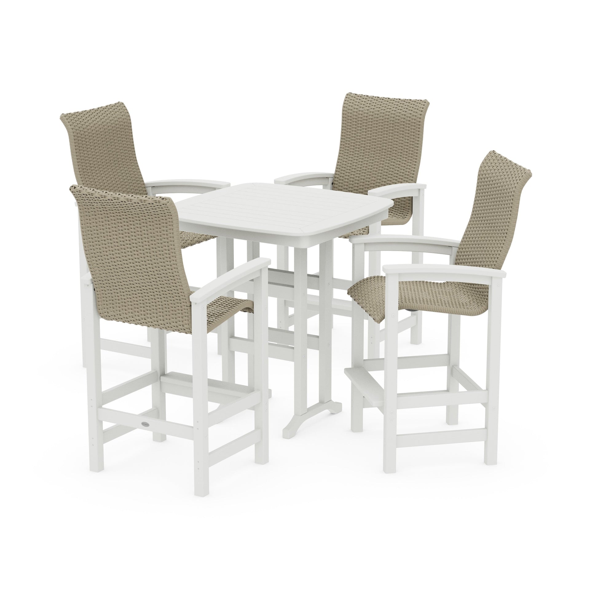 POLYWOOD Coastal Woven High-Back 5-Piece Bar Set — Vintage White / Dune Grass