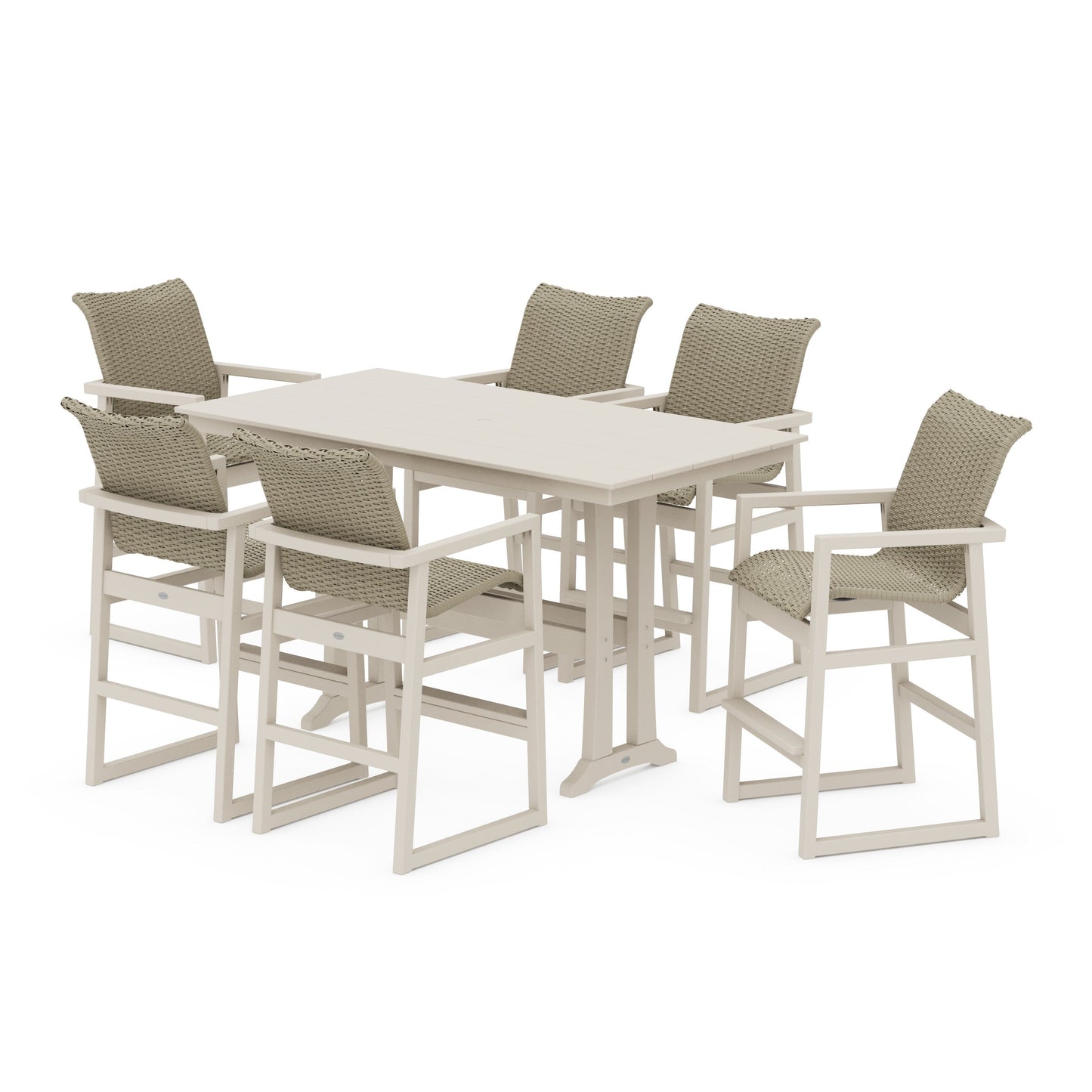 POLYWOOD EDGE Woven Arm Chair 7-Piece Farmhouse Bar Set with Trestle Legs — Sand / Dune Grass