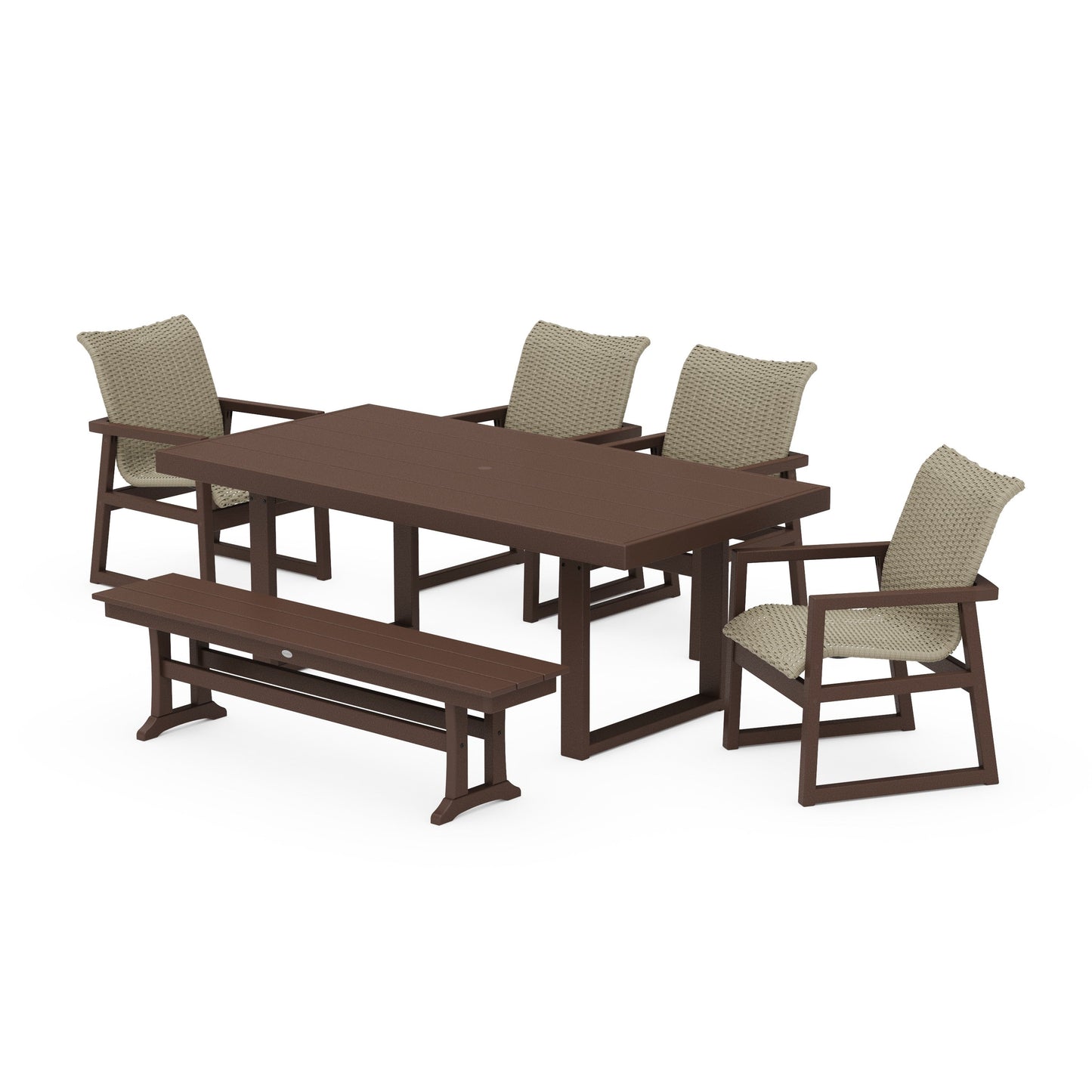 POLYWOOD EDGE Woven 6-Piece Dining Set with Bench — Mahogany / Dune Grass