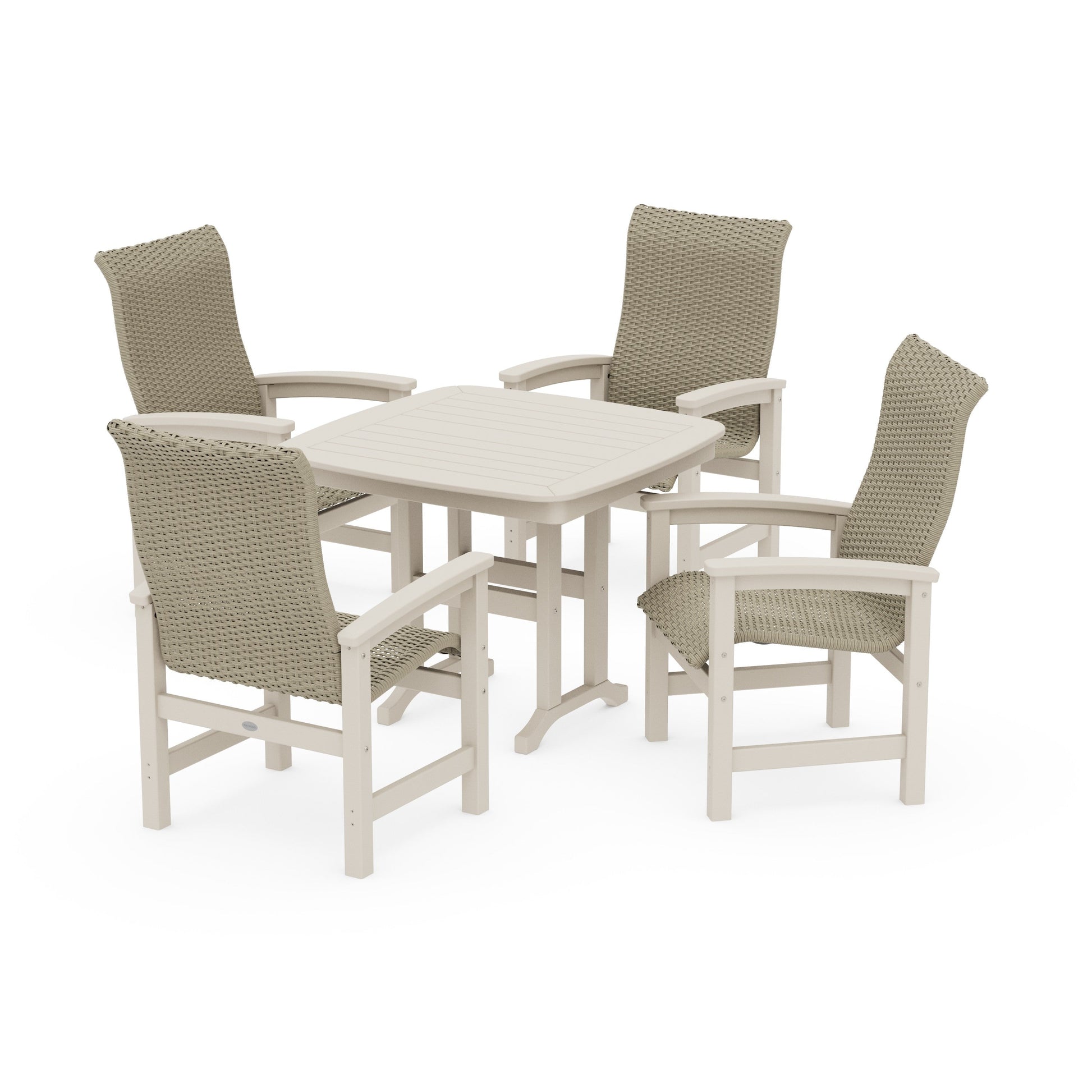 POLYWOOD Coastal Woven High-Back 5-Piece Dining Set — Sand / Dune Grass