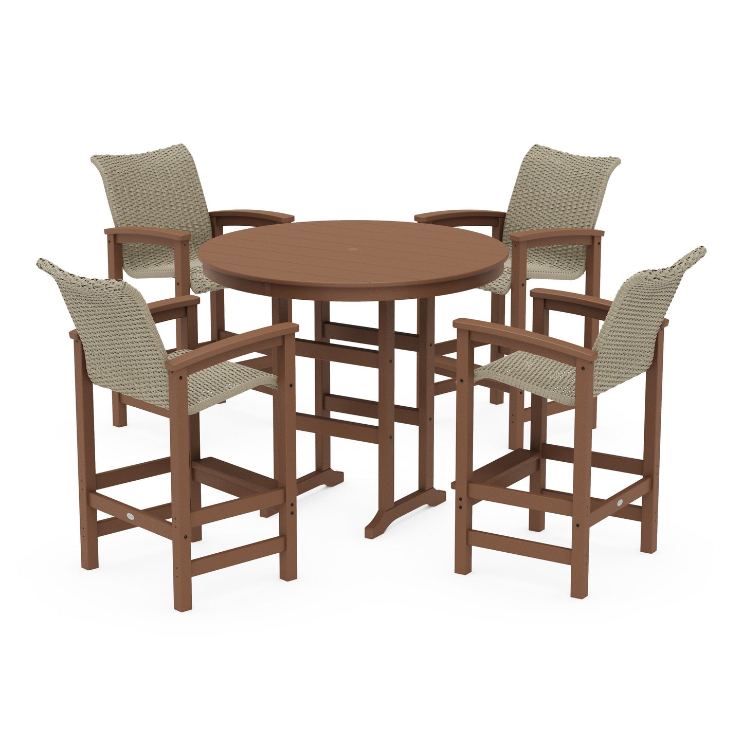 POLYWOOD Coastal Woven 5-Piece Round Farmhouse Bar Set — Teak / Dune Grass