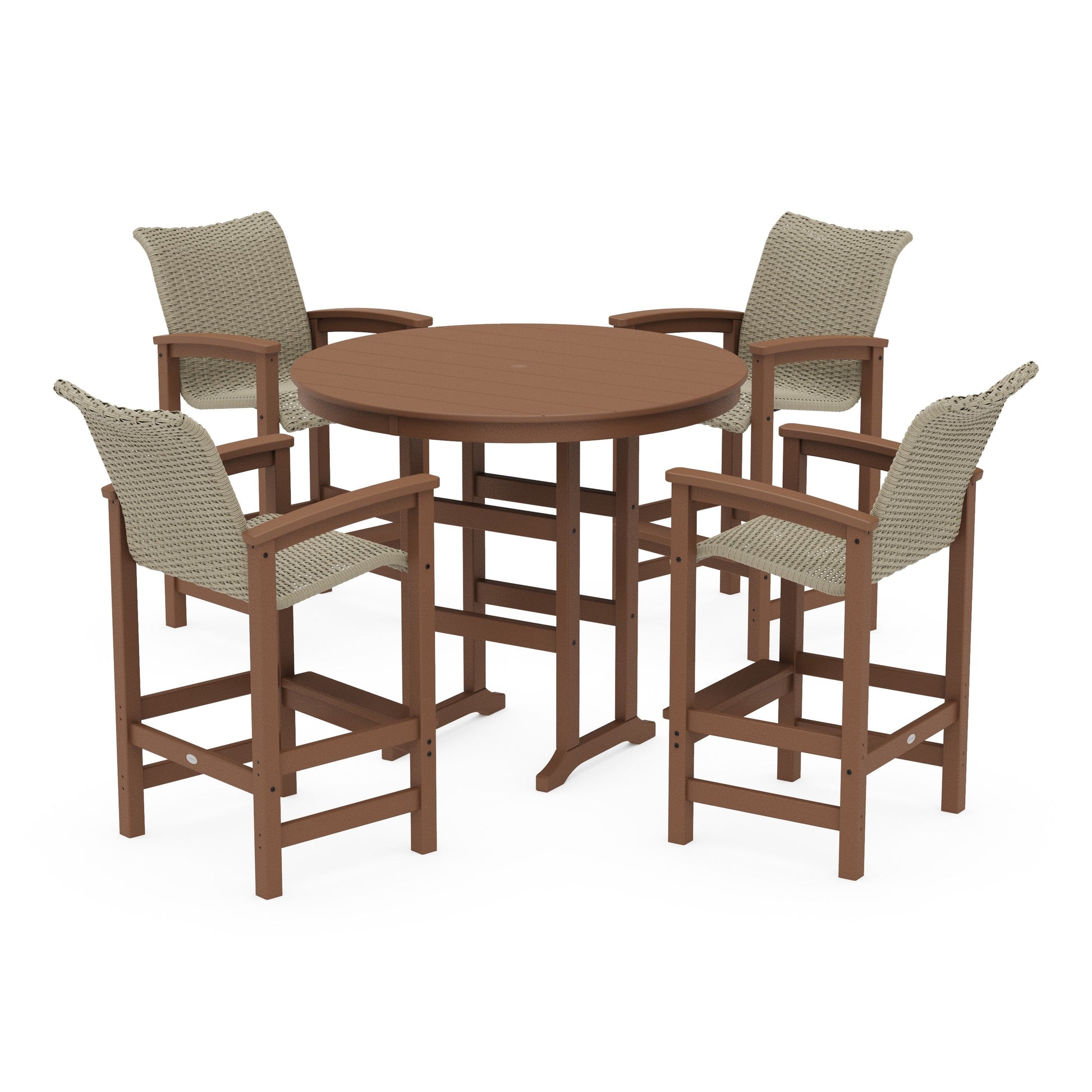 POLYWOOD Coastal Woven 5-Piece Round Farmhouse Bar Set — Teak / Dune Grass