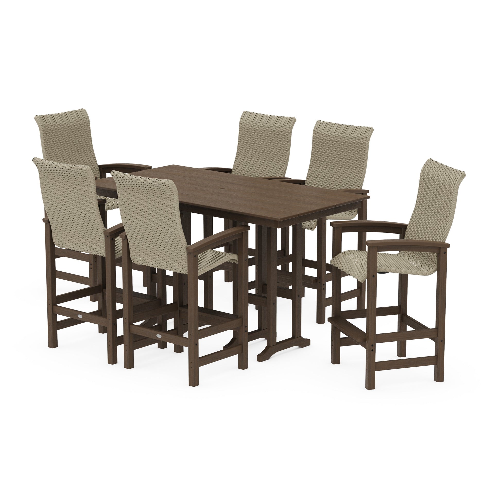 POLYWOOD Coastal Woven High-Back Arm Chair 7-Piece Farmhouse Bar Set — Kona / Dune Grass