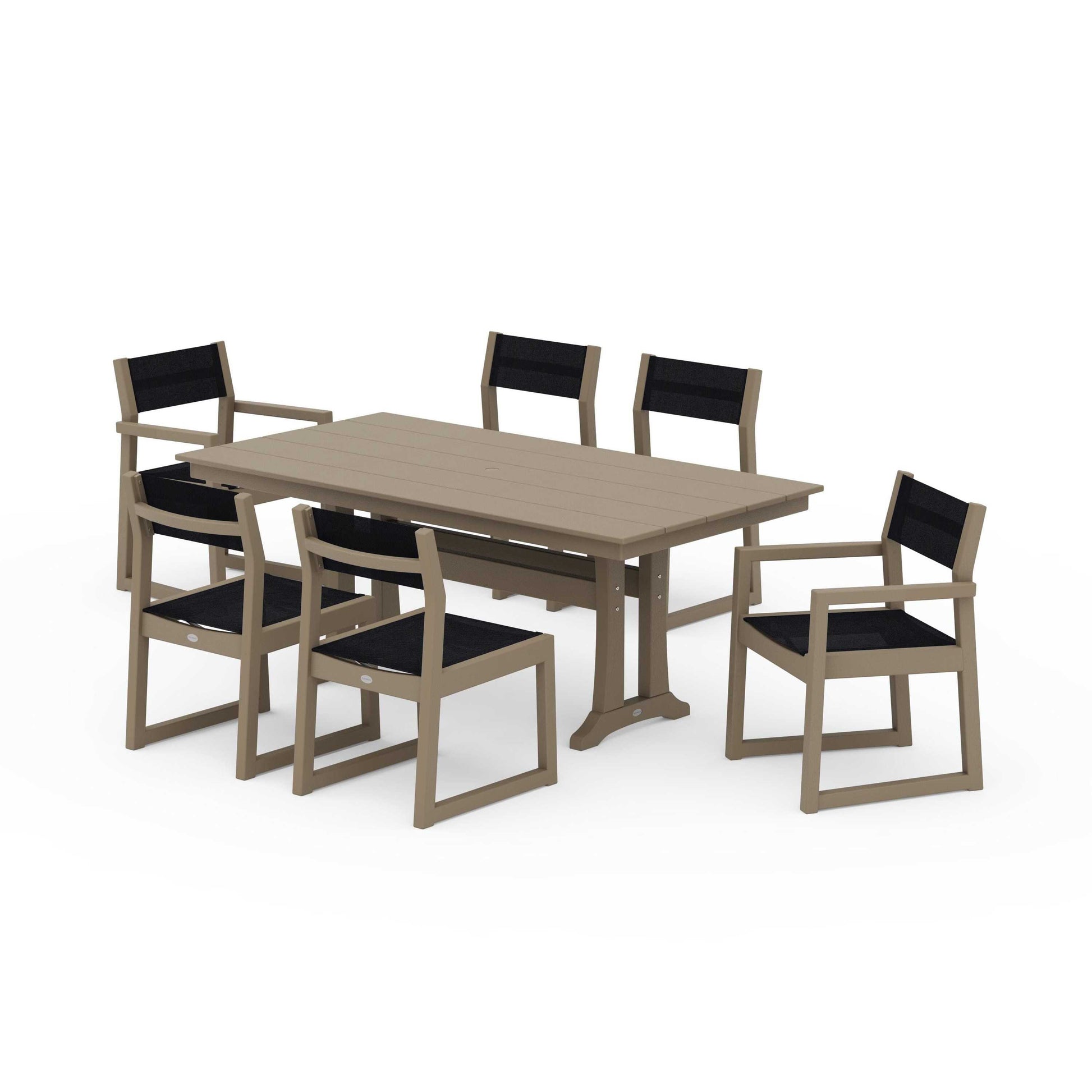 POLYWOOD EDGE Sling 7-Piece Farmhouse Trestle Dining Set — Vintage Sahara / Black Sling