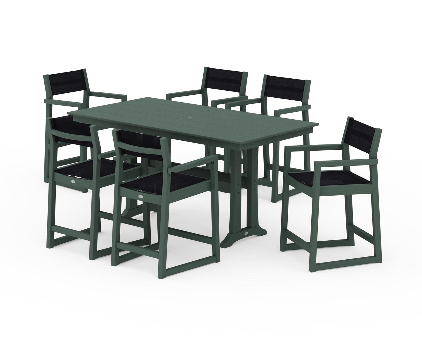 POLYWOOD EDGE Sling Arm Chair 7-Piece Farmhouse Counter Set with Trestle Legs — Green / Black Sling