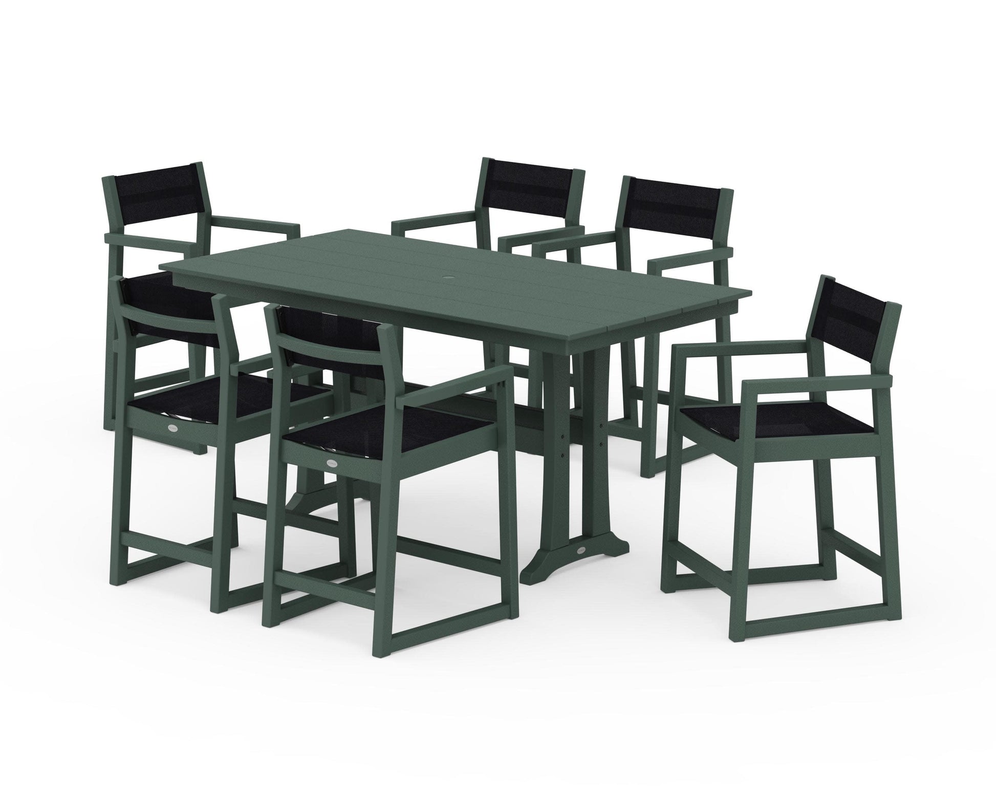 POLYWOOD EDGE Sling Arm Chair 7-Piece Farmhouse Counter Set with Trestle Legs — Green / Black Sling