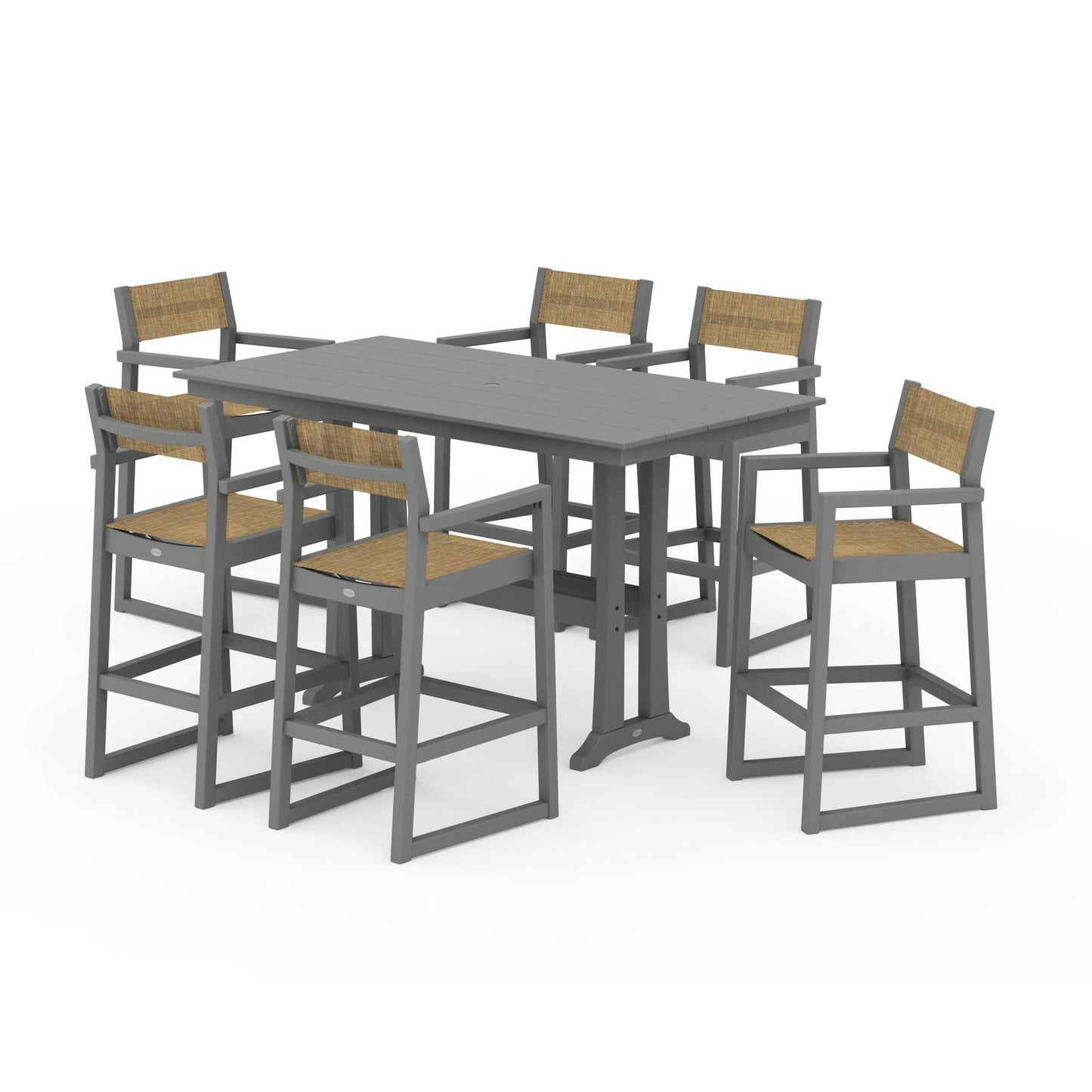 POLYWOOD EDGE Sling Arm Chair 7-Piece Farmhouse Bar Set with Trestle Legs — Slate Grey / Burlap Sling