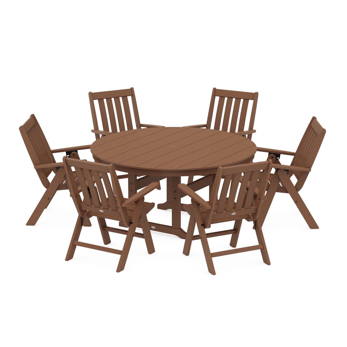 POLYWOOD Vineyard 7-Piece Folding Chair Round Farmhouse Dining Set — Teak