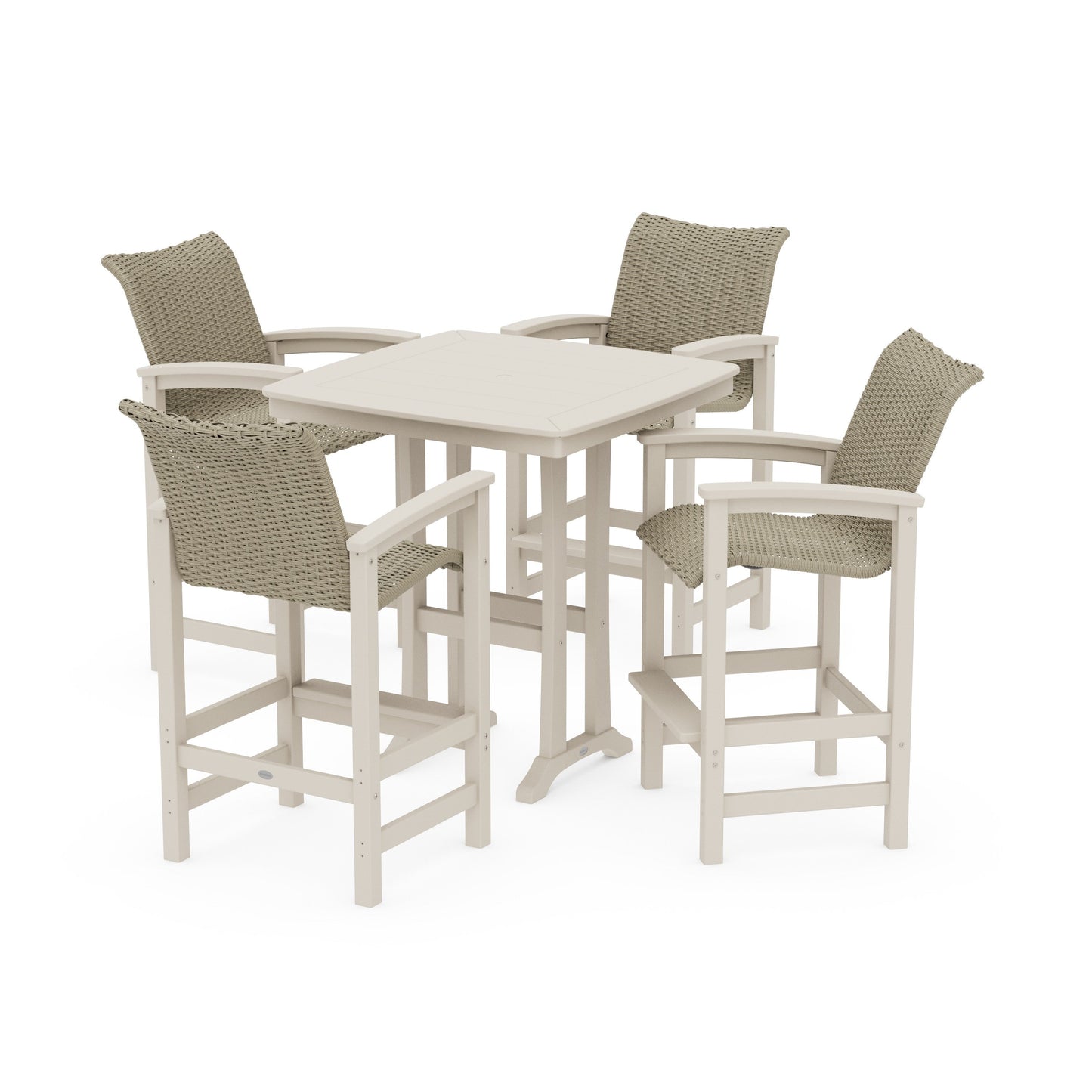 POLYWOOD Coastal Woven 5-Piece Bar Set with Trestle Legs — Sand / Dune Grass
