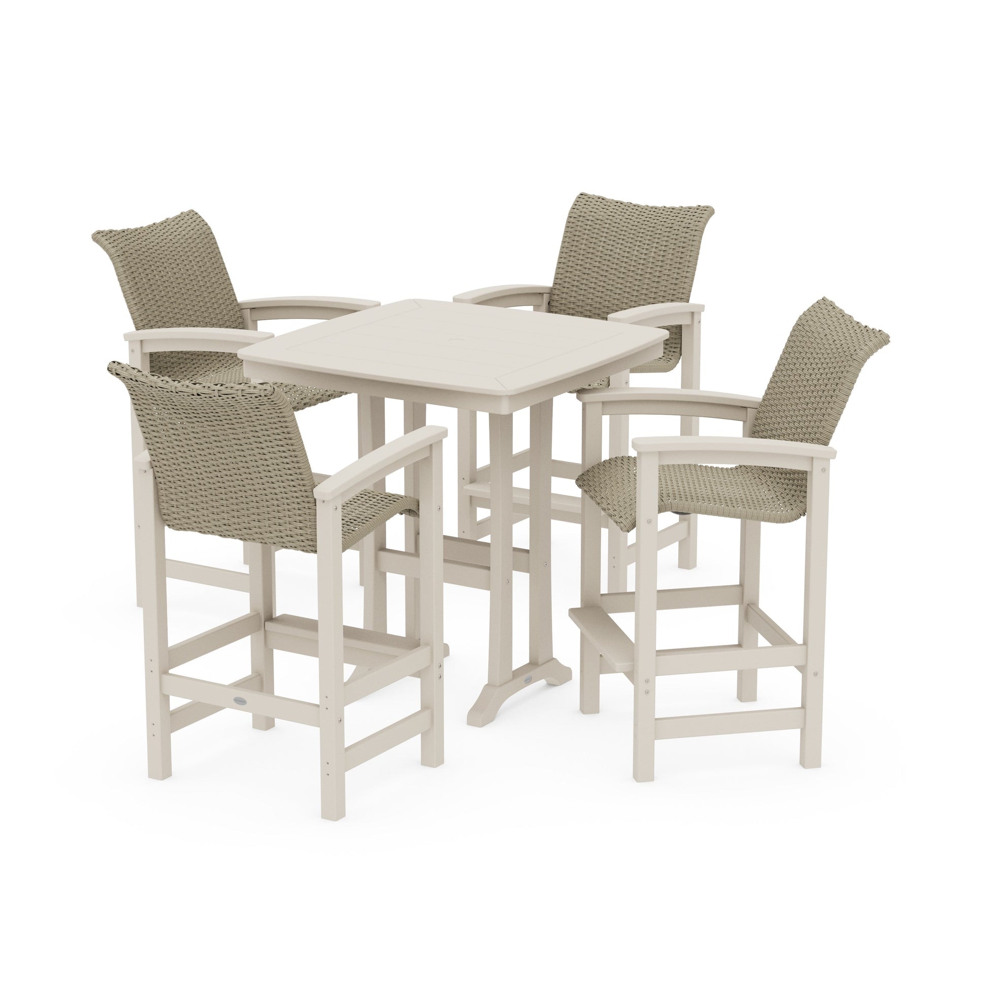 POLYWOOD Coastal Woven 5-Piece Bar Set with Trestle Legs — Sand / Dune Grass
