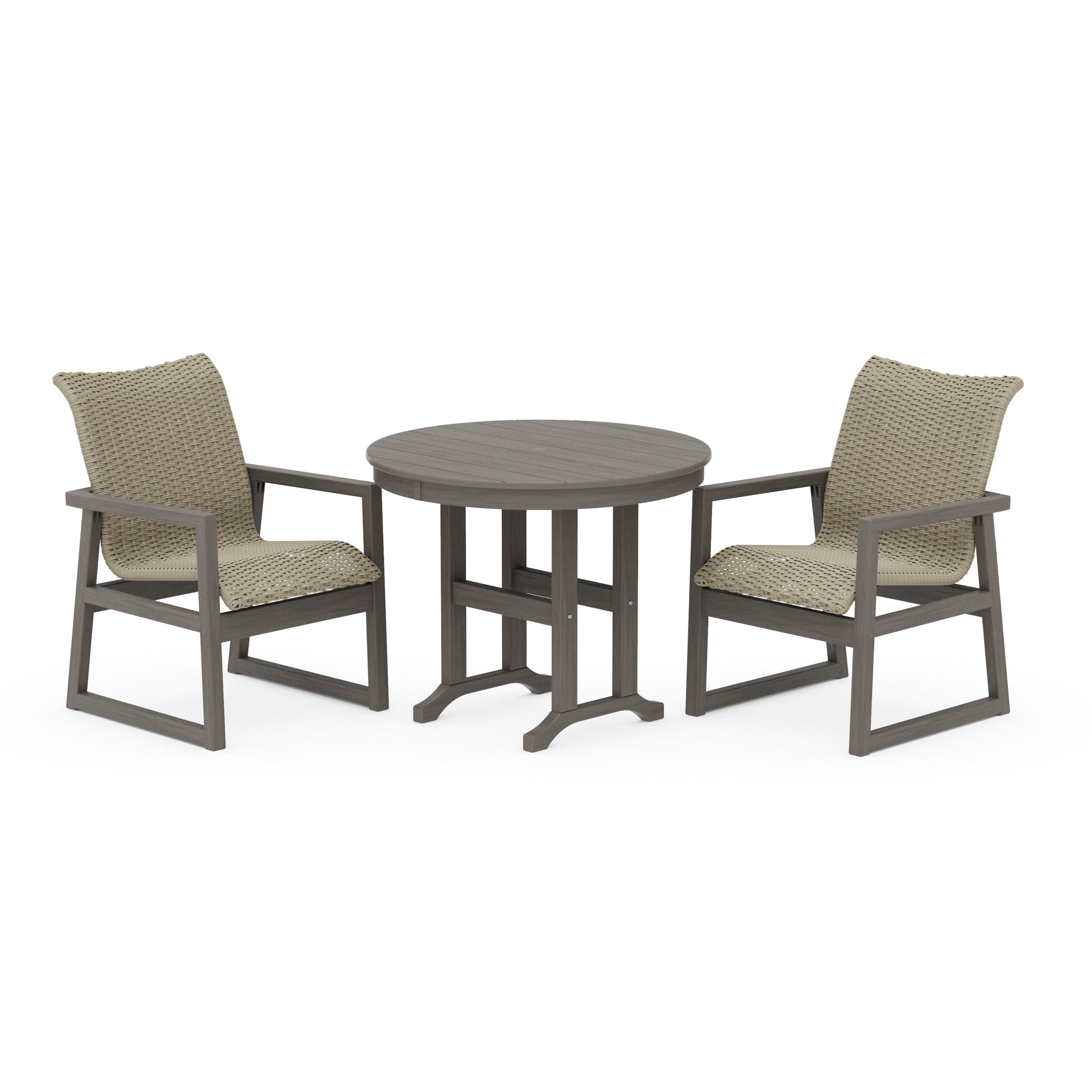POLYWOOD EDGE Woven 3-Piece Farmhouse Dining Set — Driftwood / Dune Grass